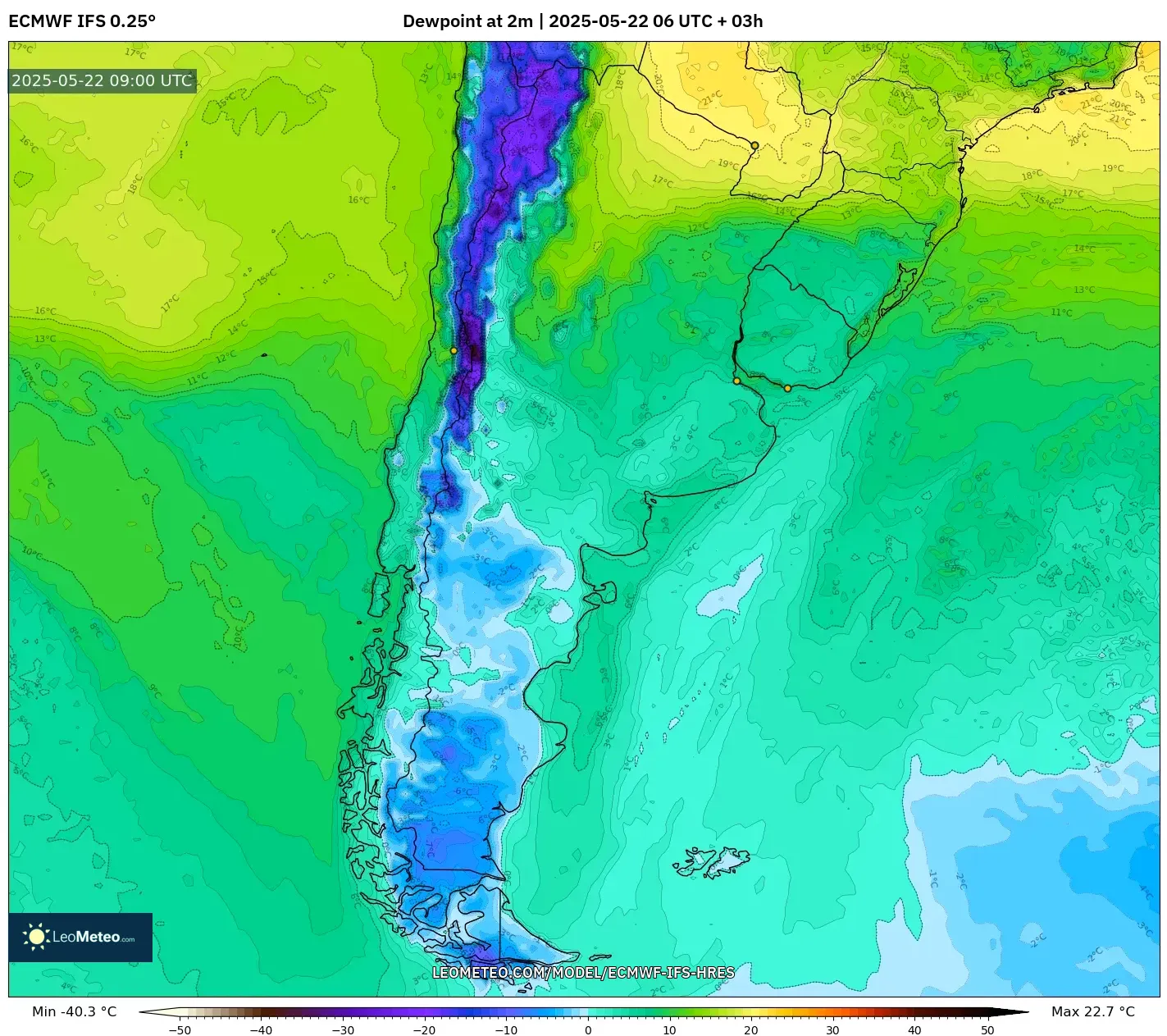ECMWF IFS 0.25° model - Argentina, Dewpoint at 2m ECMWF IFS 0.25° model - Argentina, Dewpoint at 2m