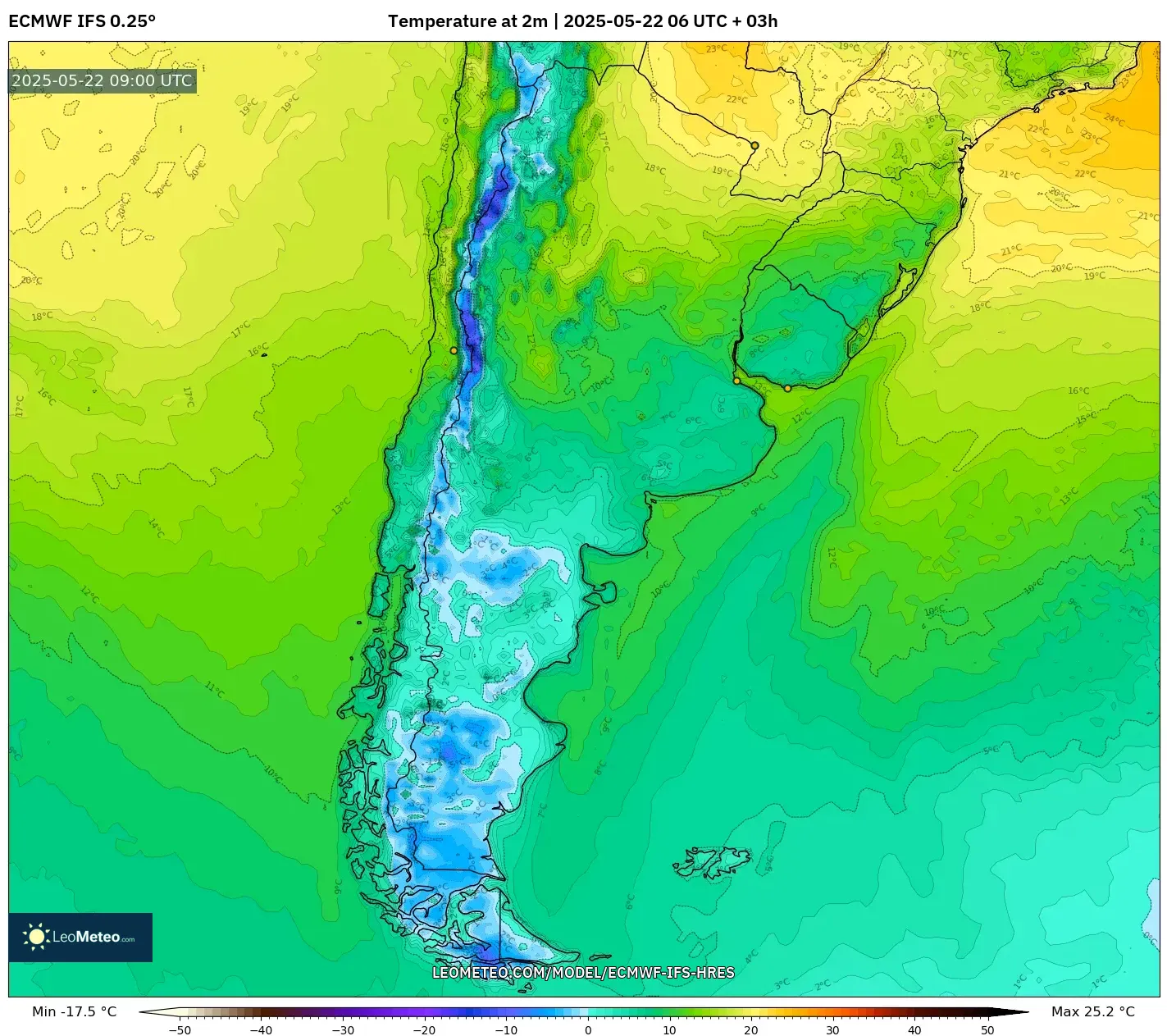 ECMWF IFS 0.25° model - Argentina, Temperature at 2m ECMWF IFS 0.25° model - Argentina, Temperature at 2m