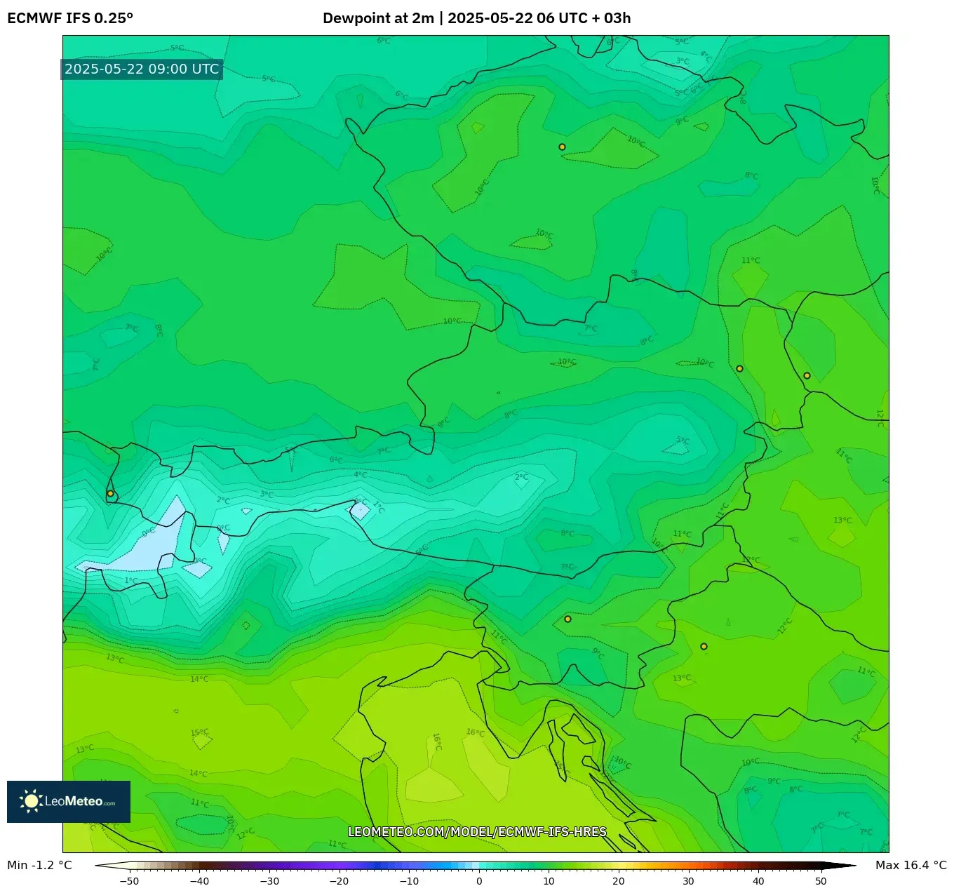 ECMWF IFS 0.25° model - Austria, Dewpoint at 2m ECMWF IFS 0.25° model - Austria, Dewpoint at 2m