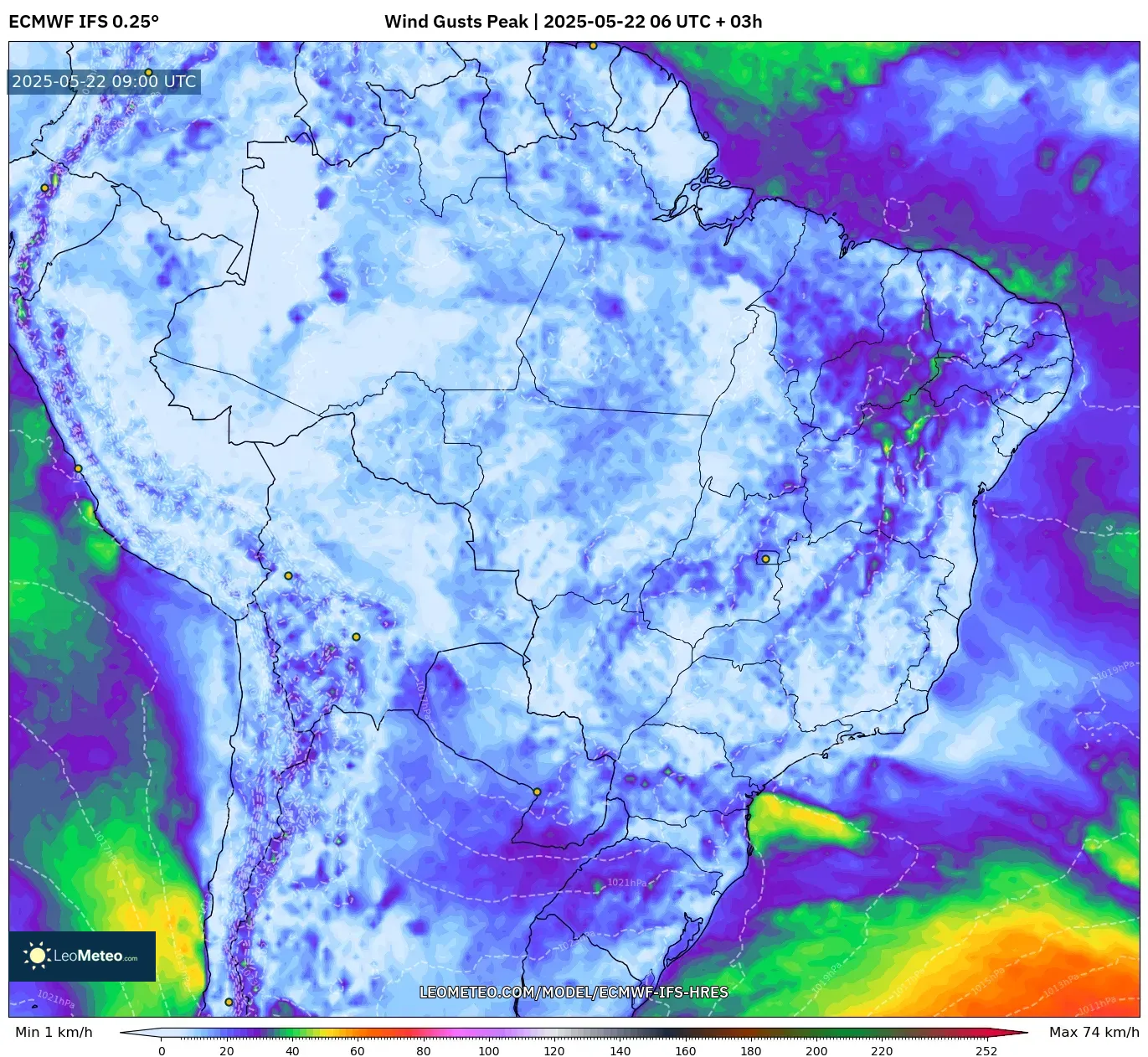 ECMWF IFS 0.25° model - Brazil, Wind Gusts Peak ECMWF IFS 0.25° model - Brazil, Wind Gusts Peak