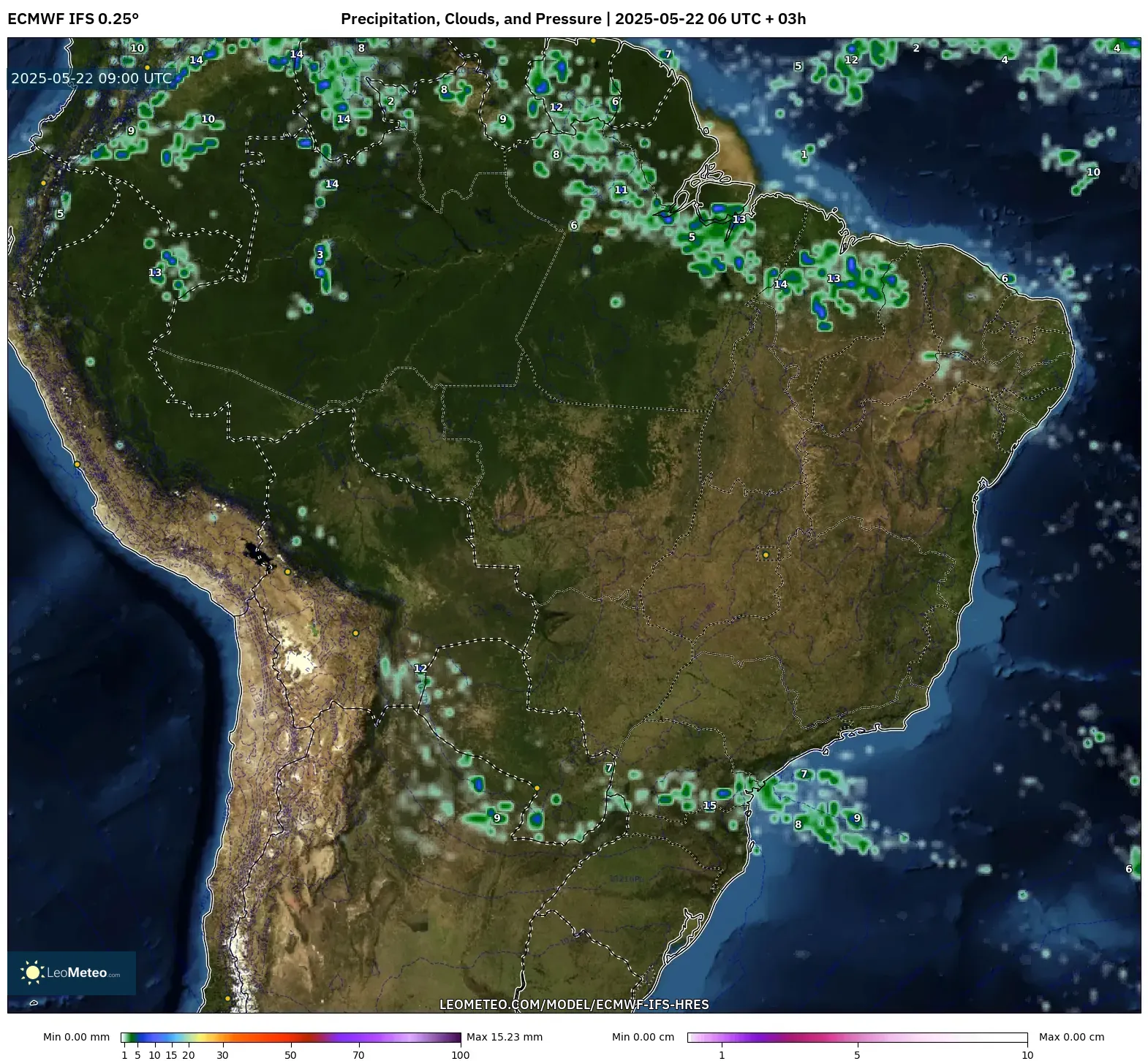 ECMWF IFS 0.25° model - Brazil, Precipitation, Clouds, and Pressure ECMWF IFS 0.25° model - Brazil, Precipitation, Clouds, and Pressure