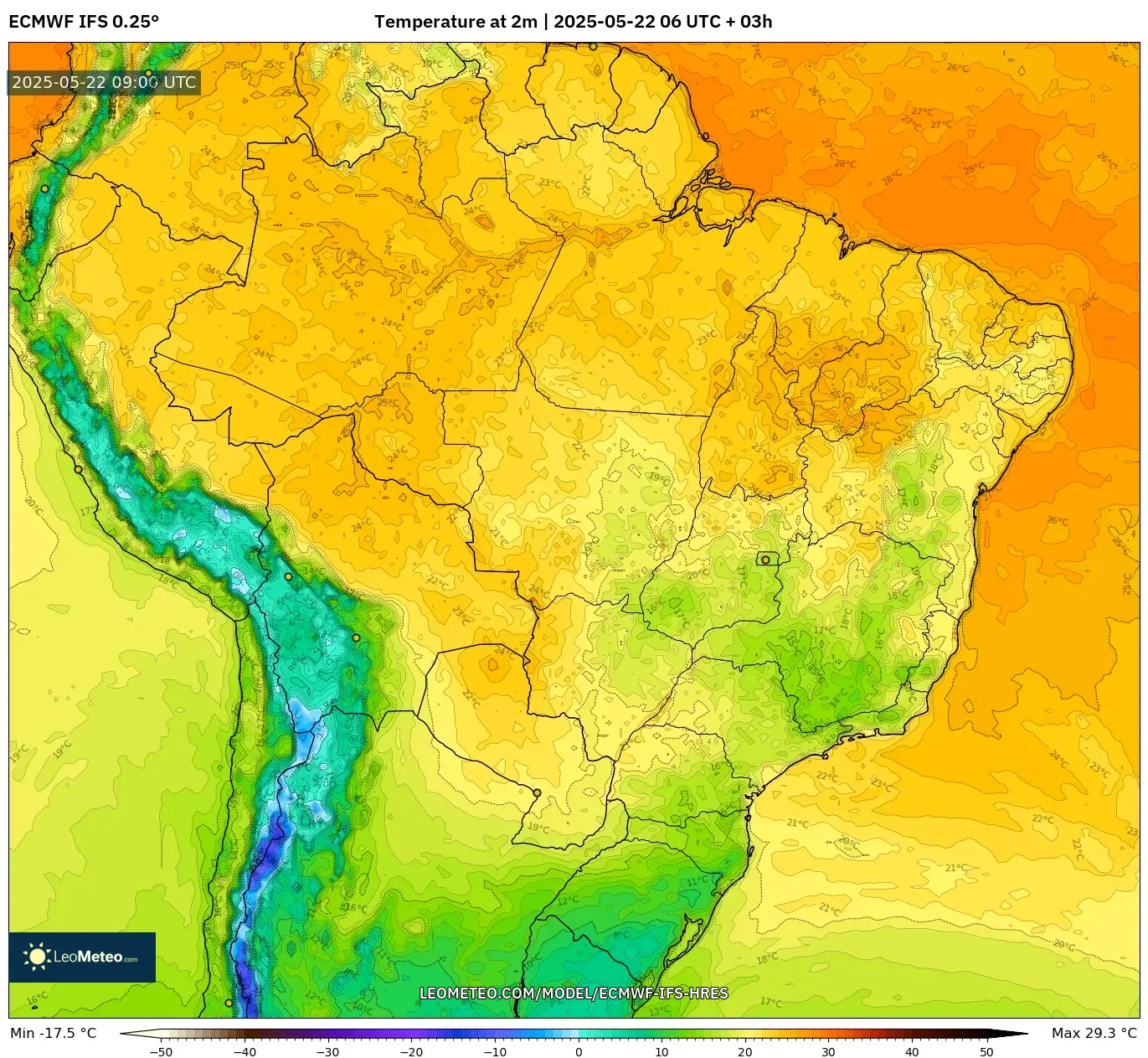 ECMWF IFS 0.25° model - Brazil, Temperature at 2m ECMWF IFS 0.25° model - Brazil, Temperature at 2m