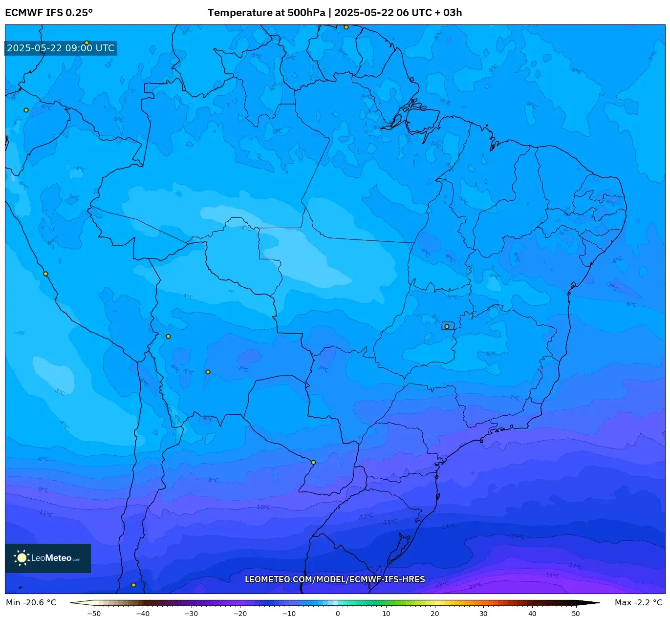 ECMWF IFS 0.25° model - Brazil, Temperature at 500hPa ECMWF IFS 0.25° model - Brazil, Temperature at 500hPa