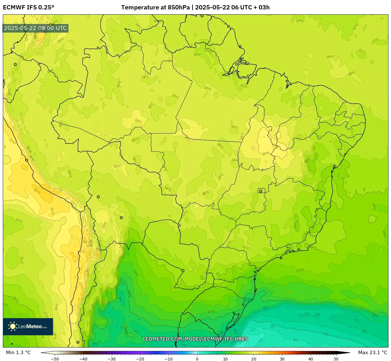 ECMWF IFS 0.25° model - Brazil, Temperature at 850hPa ECMWF IFS 0.25° model - Brazil, Temperature at 850hPa