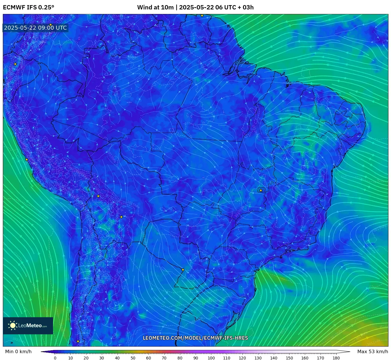 ECMWF IFS 0.25° model - Brazil, Wind at 10m ECMWF IFS 0.25° model - Brazil, Wind at 10m