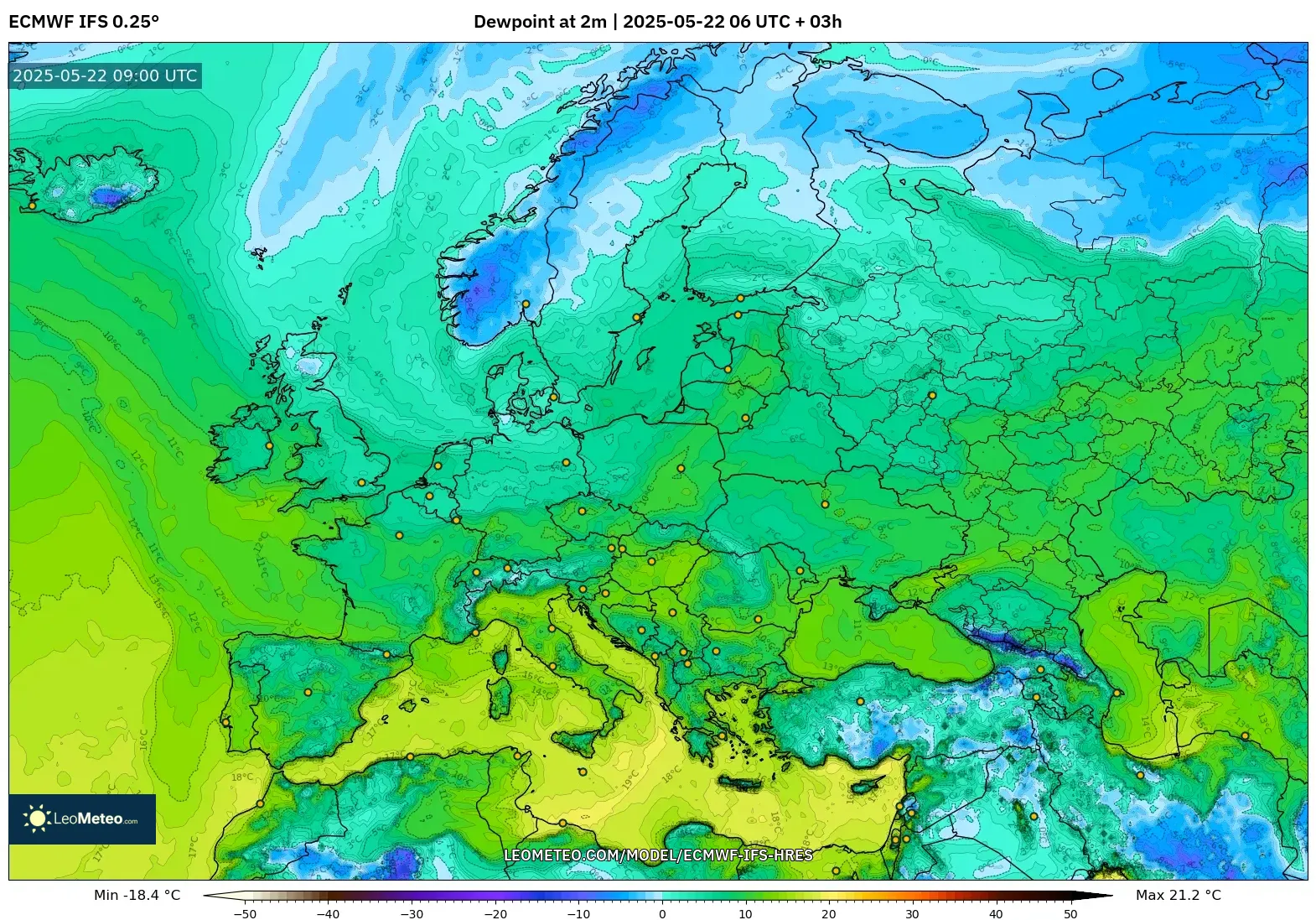 ECMWF IFS 0.25° model - Europe, Dewpoint at 2m