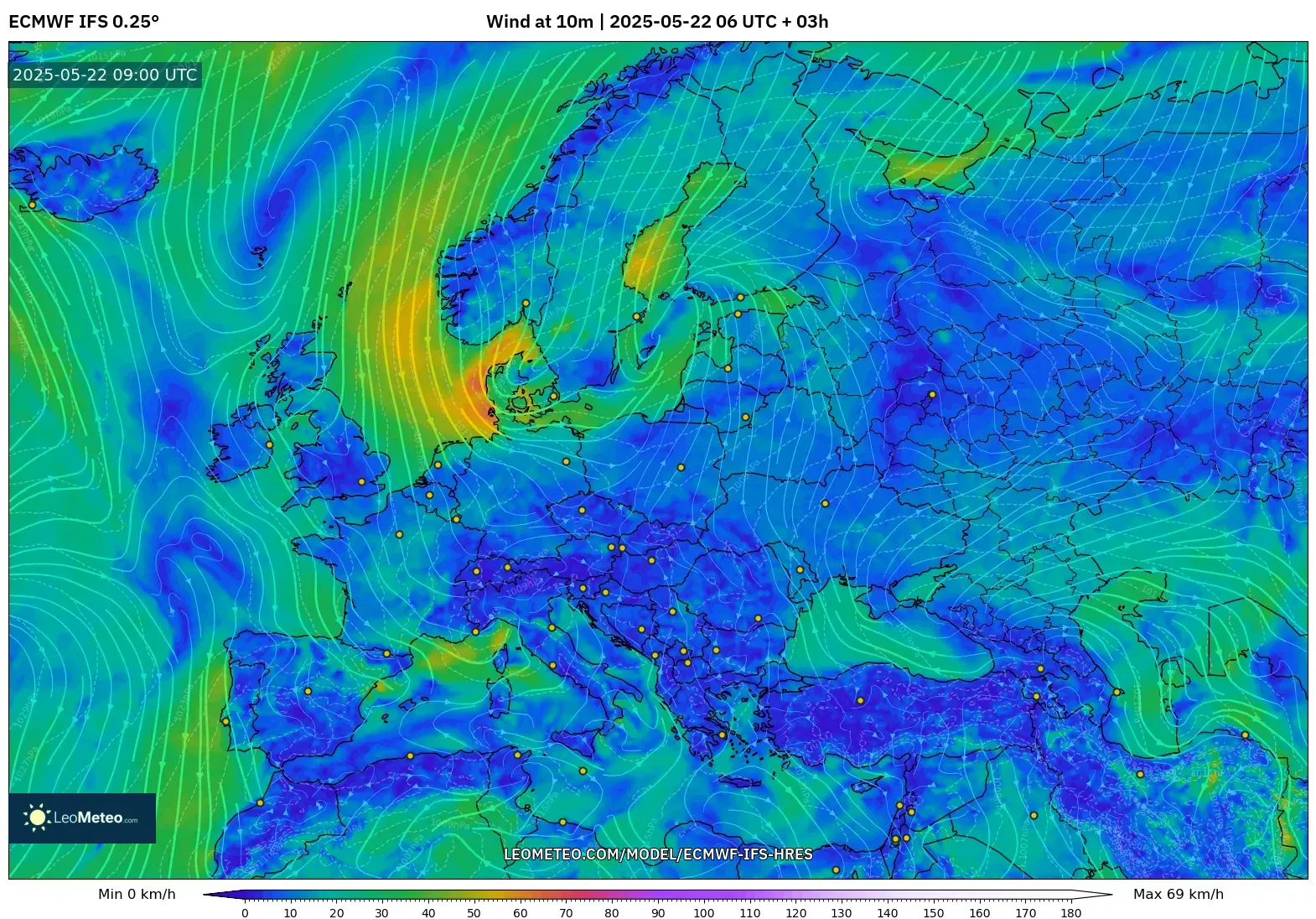 ECMWF IFS 0.25° model - Europe, Wind at 10m