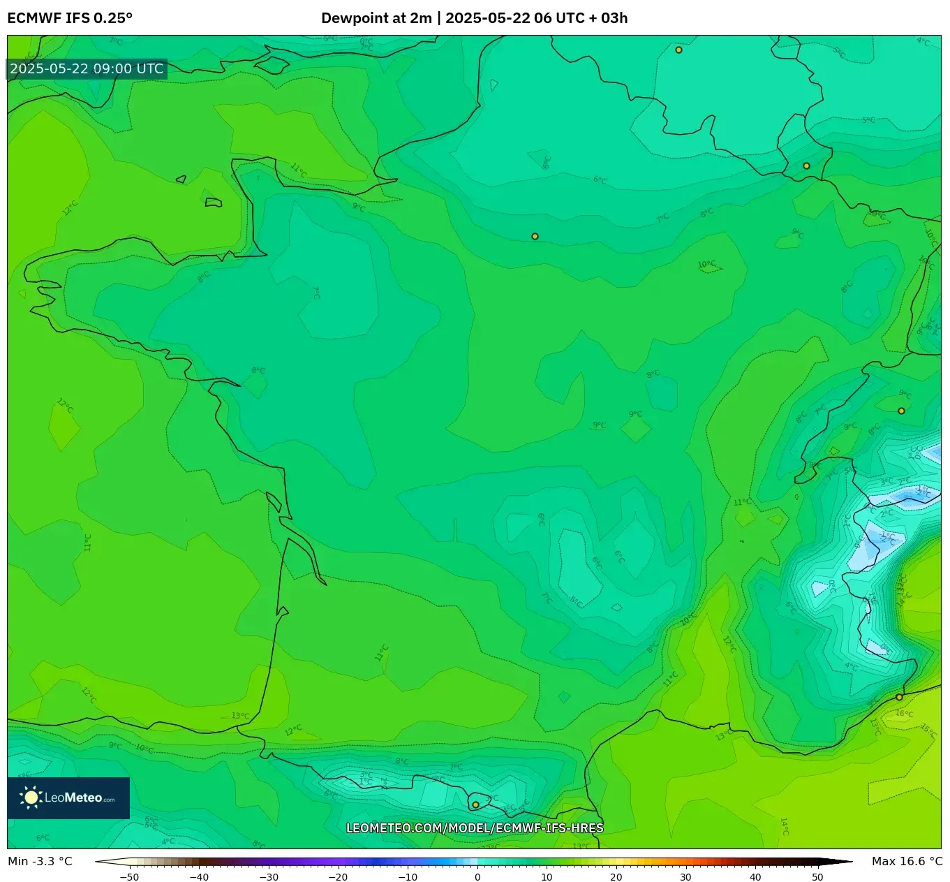 ECMWF IFS 0.25° model - France, Dewpoint at 2m ECMWF IFS 0.25° model - France, Dewpoint at 2m