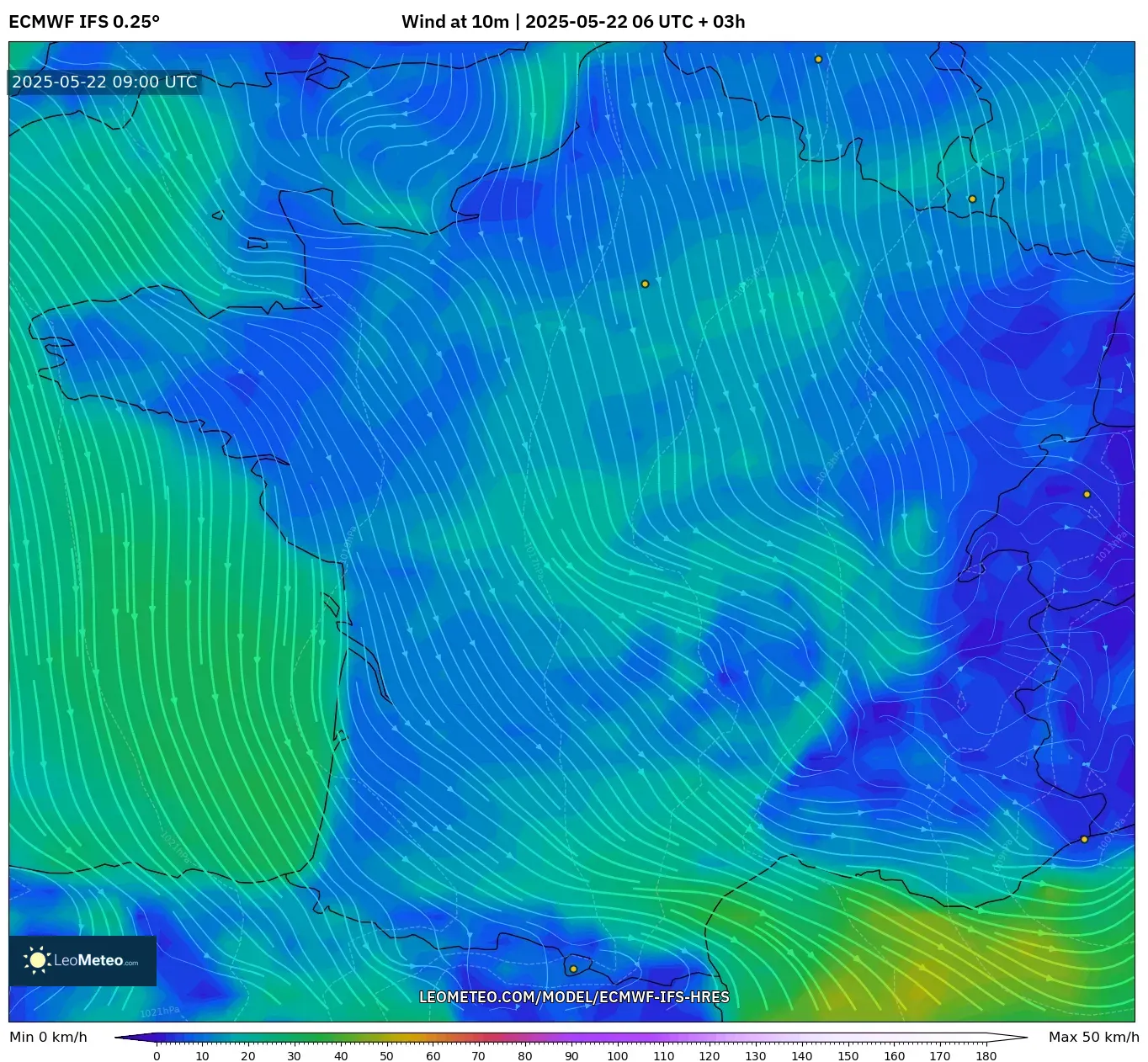 ECMWF IFS 0.25° model - France, Wind at 10m ECMWF IFS 0.25° model - France, Wind at 10m