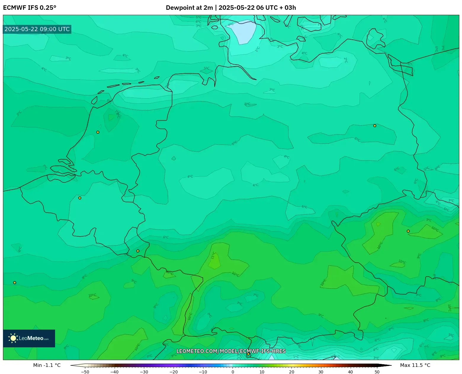 ECMWF IFS 0.25° model - Germany, Dewpoint at 2m ECMWF IFS 0.25° model - Germany, Dewpoint at 2m