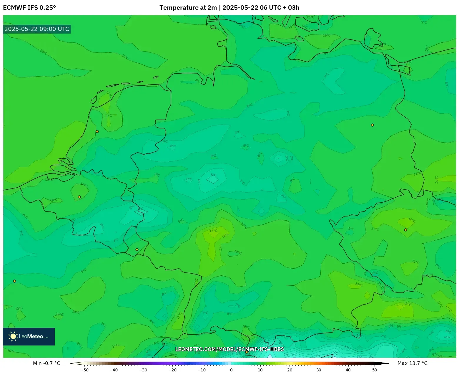 ECMWF IFS 0.25° model - Germany, Temperature at 2m