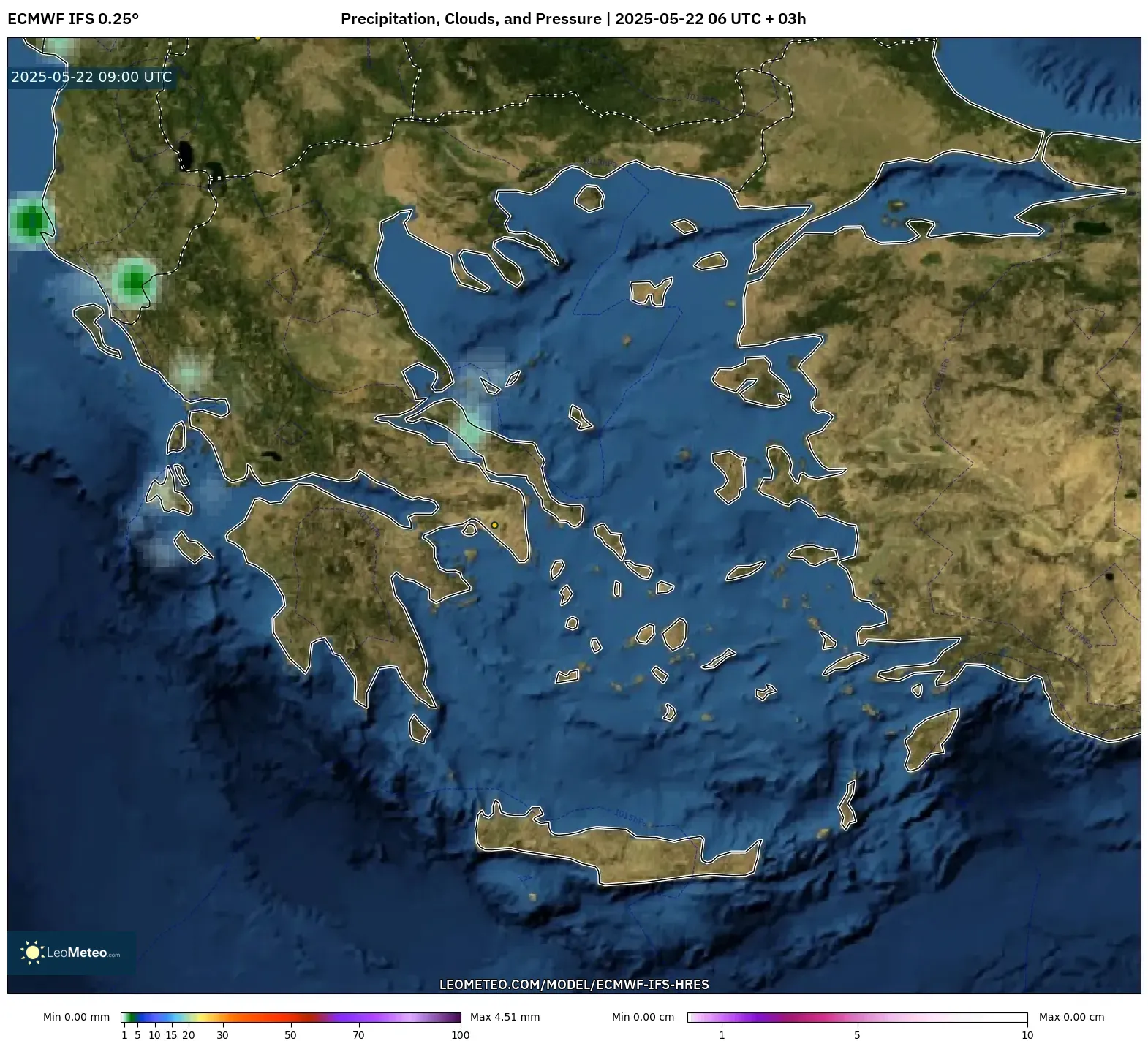 ECMWF IFS 0.25° model - Greece, Precipitation, Clouds, and Pressure ECMWF IFS 0.25° model - Greece, Precipitation, Clouds, and Pressure