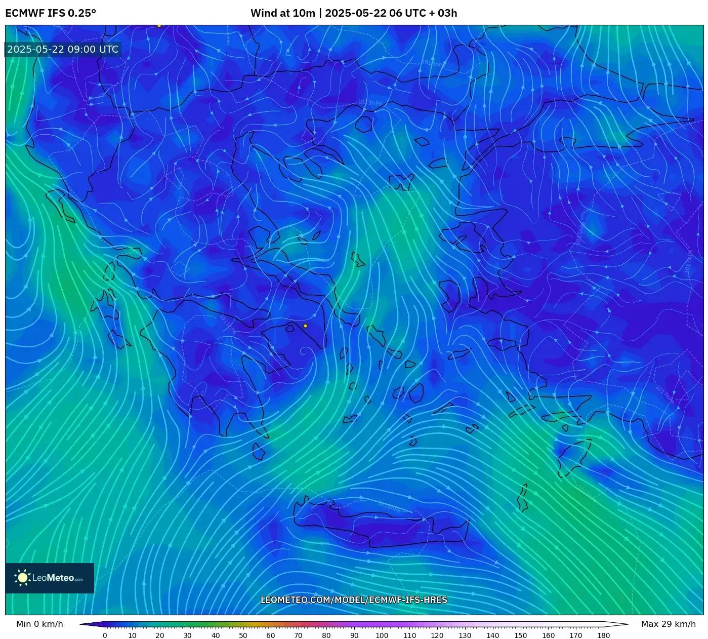 ECMWF IFS 0.25° model - Greece, Wind at 10m ECMWF IFS 0.25° model - Greece, Wind at 10m