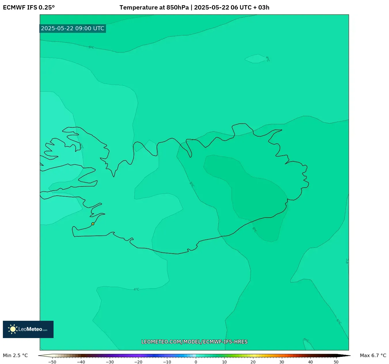ECMWF IFS 0.25° model - Iceland, Temperature at 850hPa
