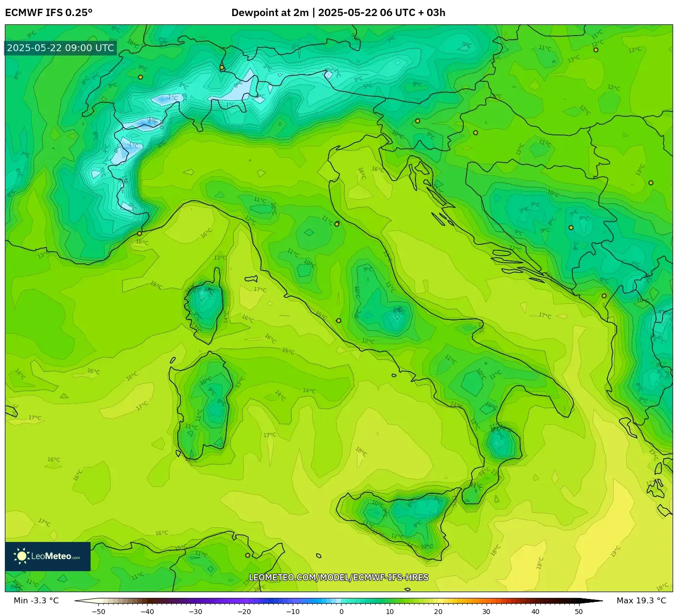 ECMWF IFS 0.25° model - Italy, Dewpoint at 2m ECMWF IFS 0.25° model - Italy, Dewpoint at 2m