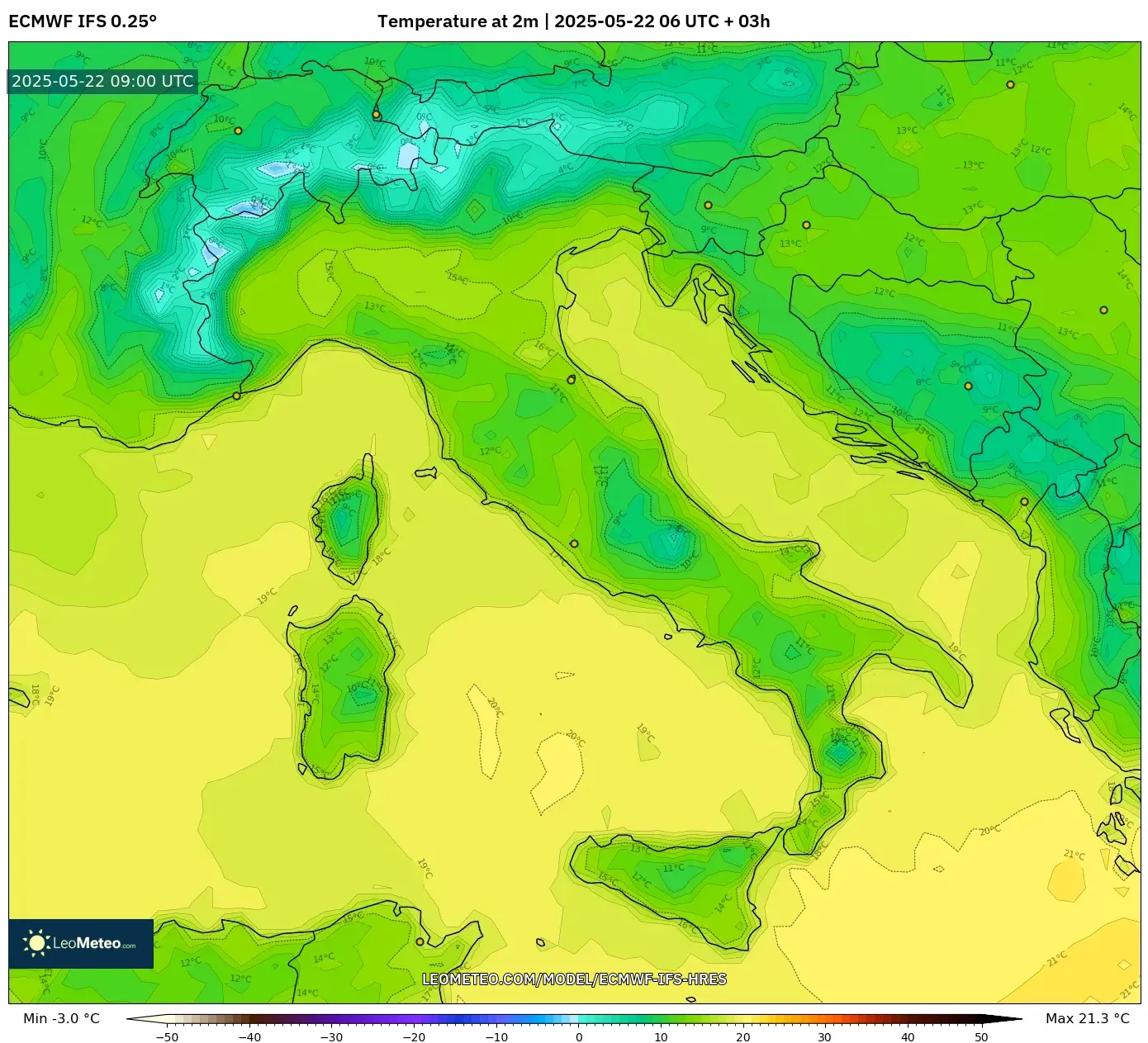 ECMWF IFS 0.25° model - Italy, Temperature at 2m ECMWF IFS 0.25° model - Italy, Temperature at 2m