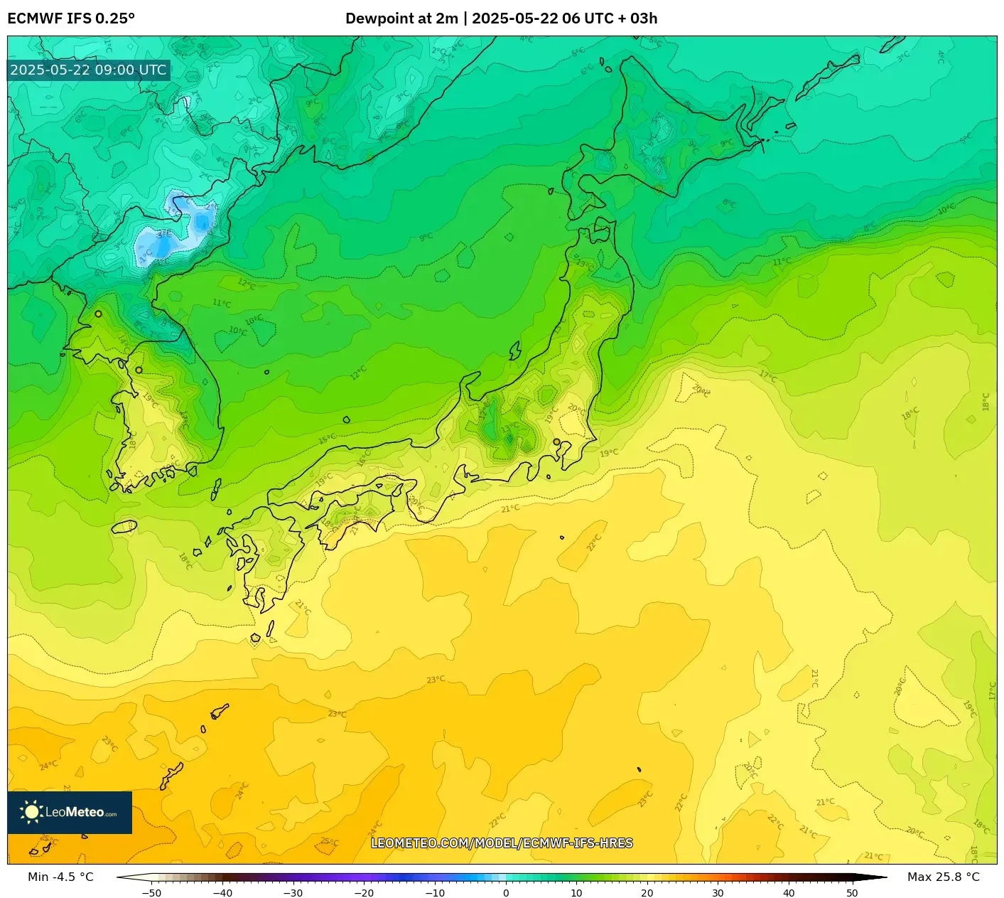 ECMWF IFS 0.25° model - Japan, Dewpoint at 2m ECMWF IFS 0.25° model - Japan, Dewpoint at 2m