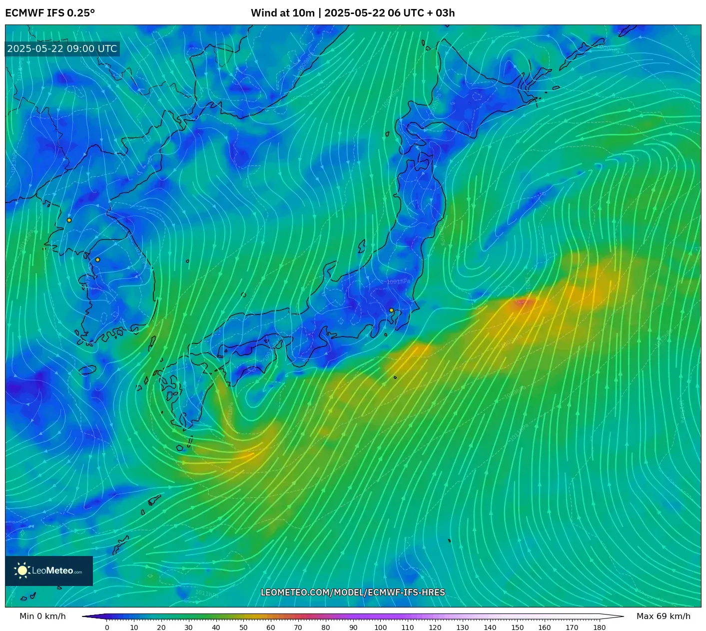 ECMWF IFS 0.25° model - Japan, Wind at 10m ECMWF IFS 0.25° model - Japan, Wind at 10m