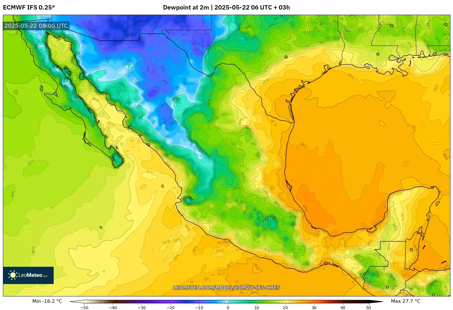 ECMWF IFS 0.25° model - Mexico, Dewpoint at 2m ECMWF IFS 0.25° model - Mexico, Dewpoint at 2m