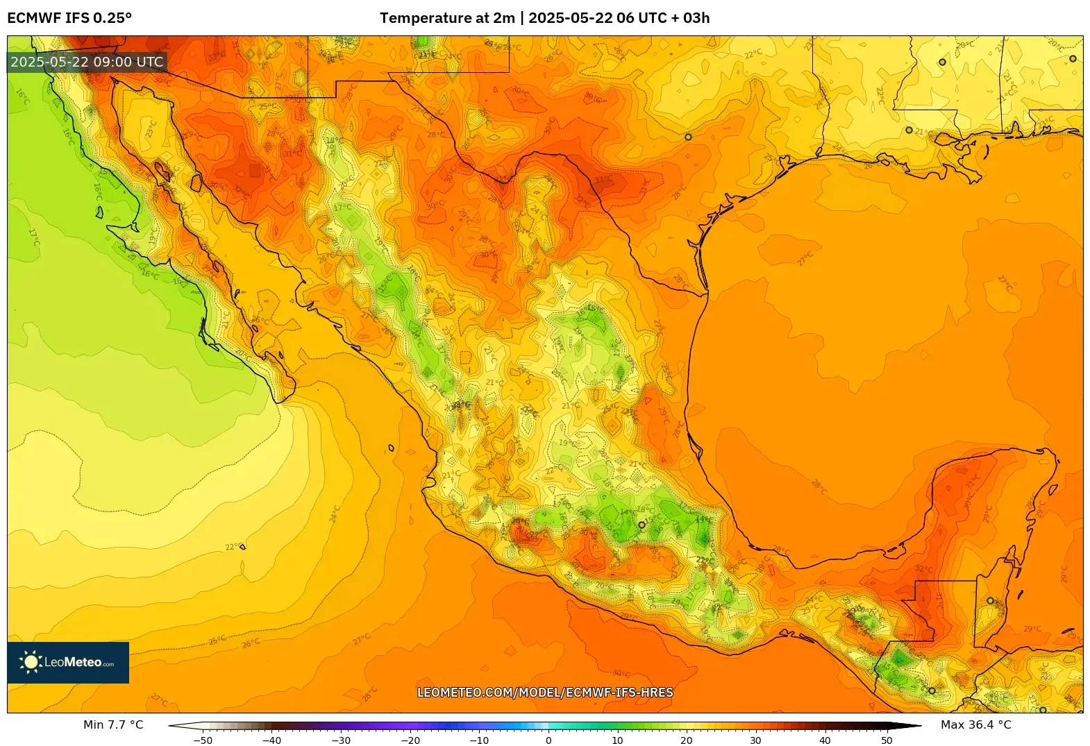 ECMWF IFS 0.25° model - Mexico, Temperature at 2m ECMWF IFS 0.25° model - Mexico, Temperature at 2m