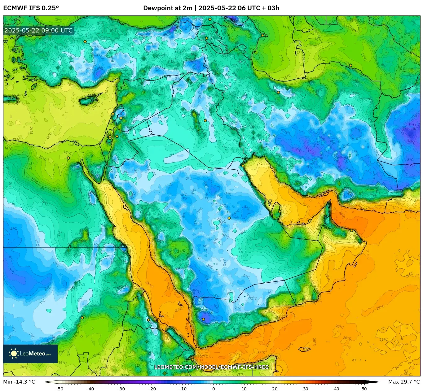 ECMWF IFS 0.25° model - Middle East, Dewpoint at 2m ECMWF IFS 0.25° model - Middle East, Dewpoint at 2m