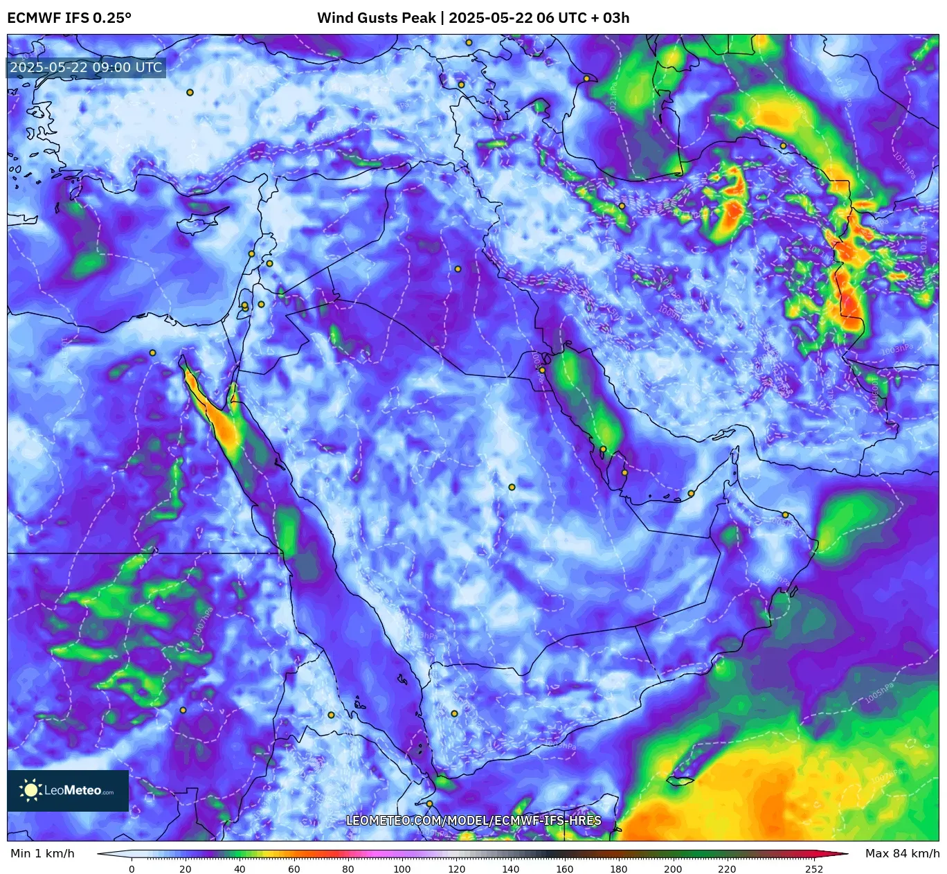 ECMWF IFS 0.25° model - Middle East, Wind Gusts Peak ECMWF IFS 0.25° model - Middle East, Wind Gusts Peak