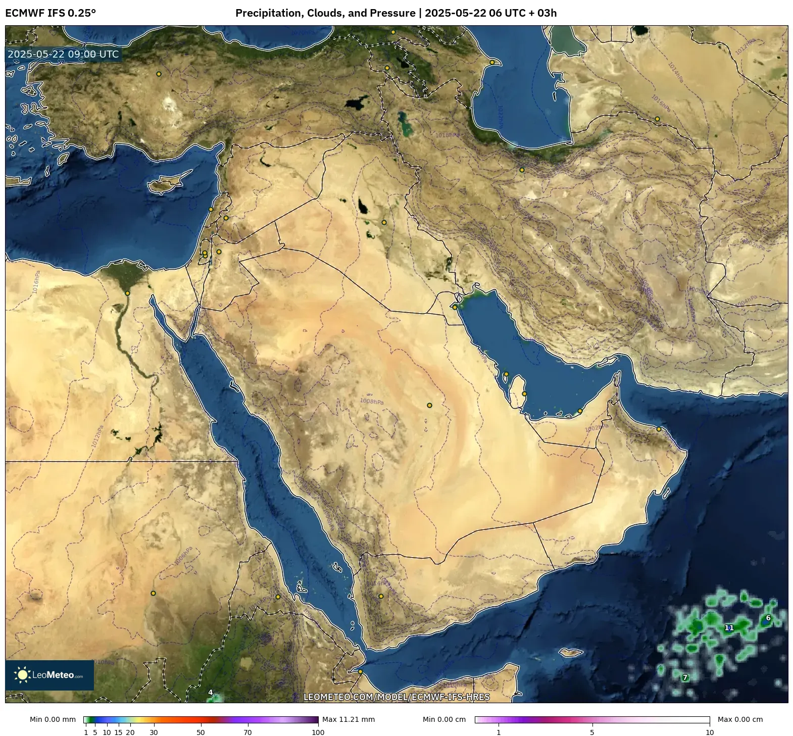 ECMWF IFS 0.25° model - Middle East, Precipitation, Clouds, and Pressure ECMWF IFS 0.25° model - Middle East, Precipitation, Clouds, and Pressure