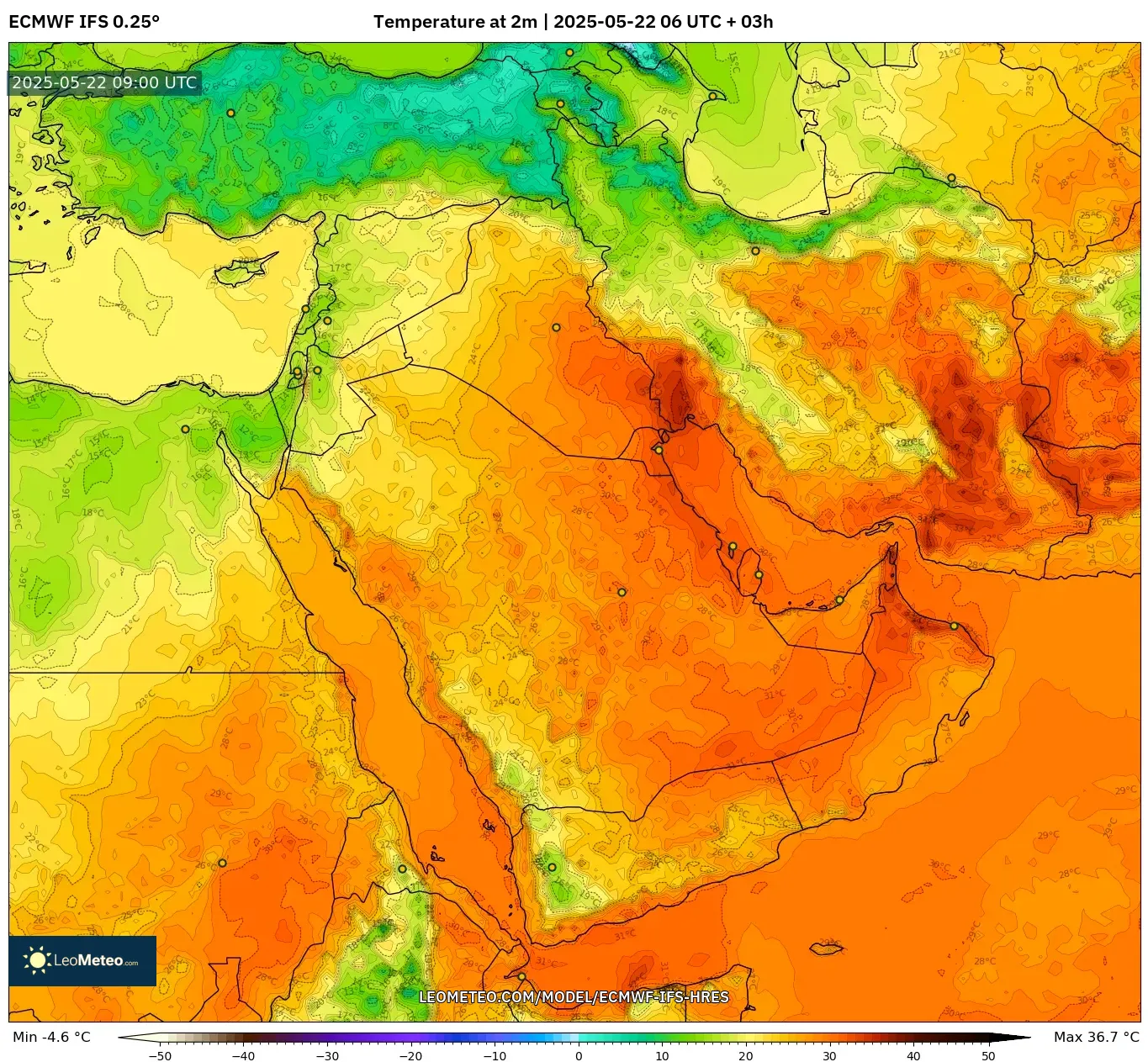 ECMWF IFS 0.25° model - Middle East, Temperature at 2m ECMWF IFS 0.25° model - Middle East, Temperature at 2m