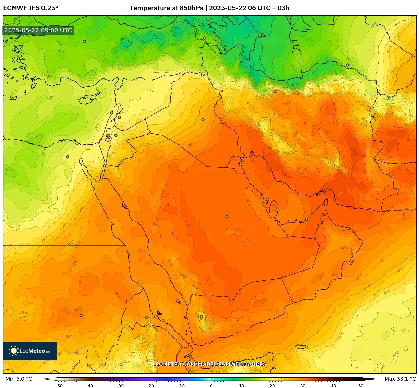 ECMWF IFS 0.25° model - Middle East, Temperature at 850hPa ECMWF IFS 0.25° model - Middle East, Temperature at 850hPa