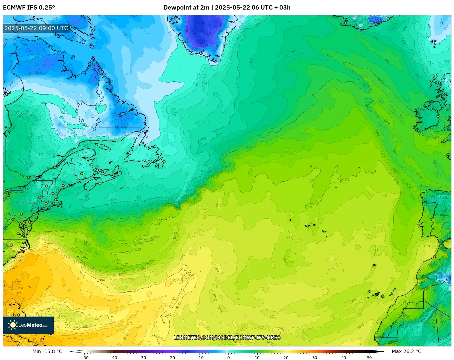 ECMWF IFS 0.25° model - North Atlantic, Dewpoint at 2m ECMWF IFS 0.25° model - North Atlantic, Dewpoint at 2m