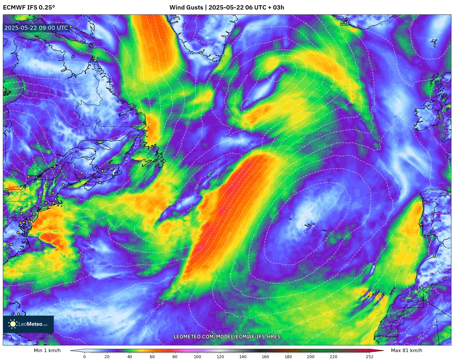 ECMWF IFS 0.25° model - North Atlantic, Wind Gusts ECMWF IFS 0.25° model - North Atlantic, Wind Gusts