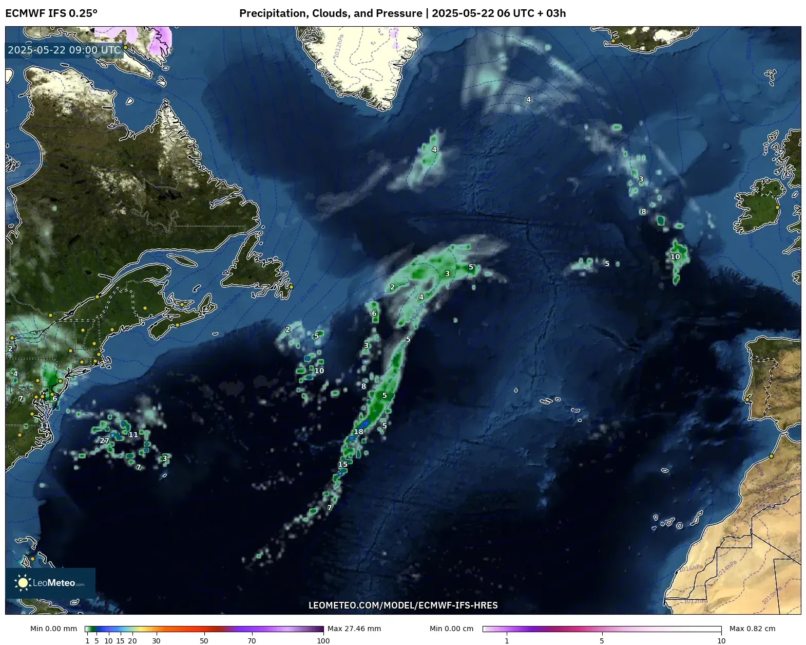 ECMWF IFS 0.25° model - North Atlantic, Precipitation, Clouds, and Pressure ECMWF IFS 0.25° model - North Atlantic, Precipitation, Clouds, and Pressure