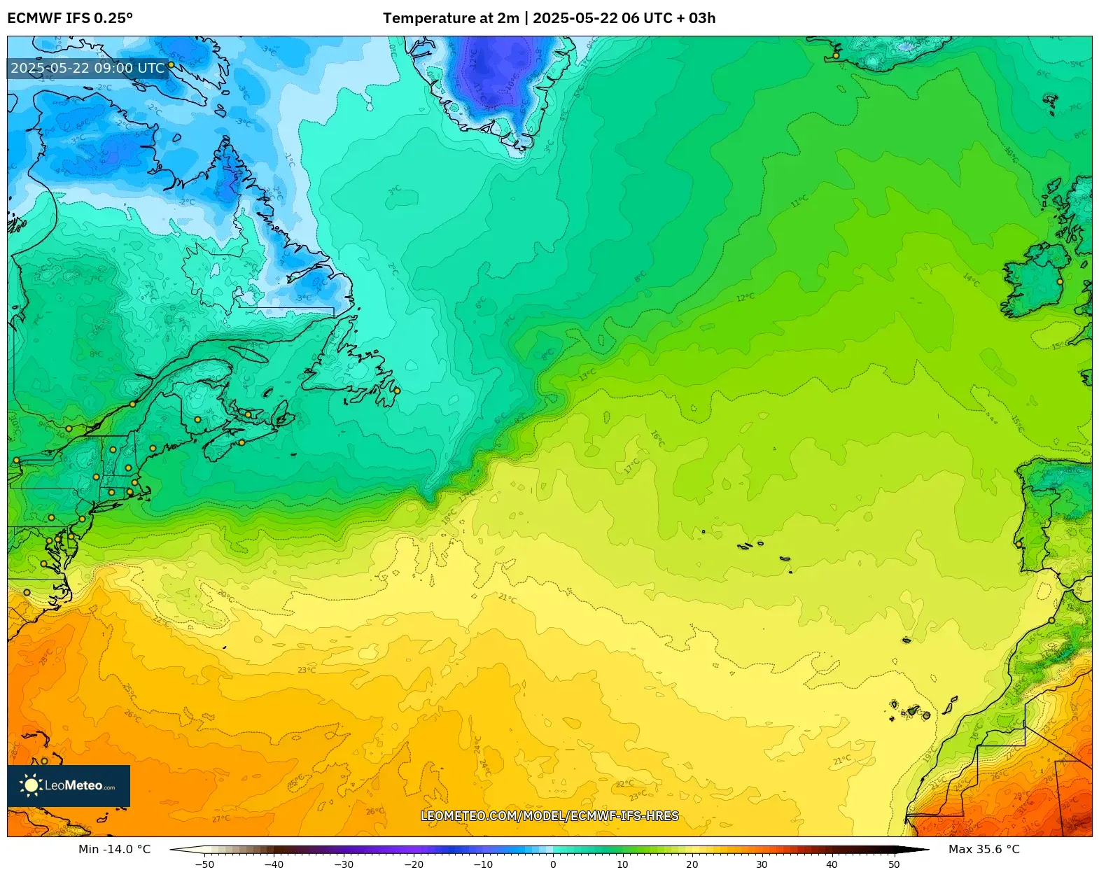 ECMWF IFS 0.25° model - North Atlantic, Temperature at 2m ECMWF IFS 0.25° model - North Atlantic, Temperature at 2m