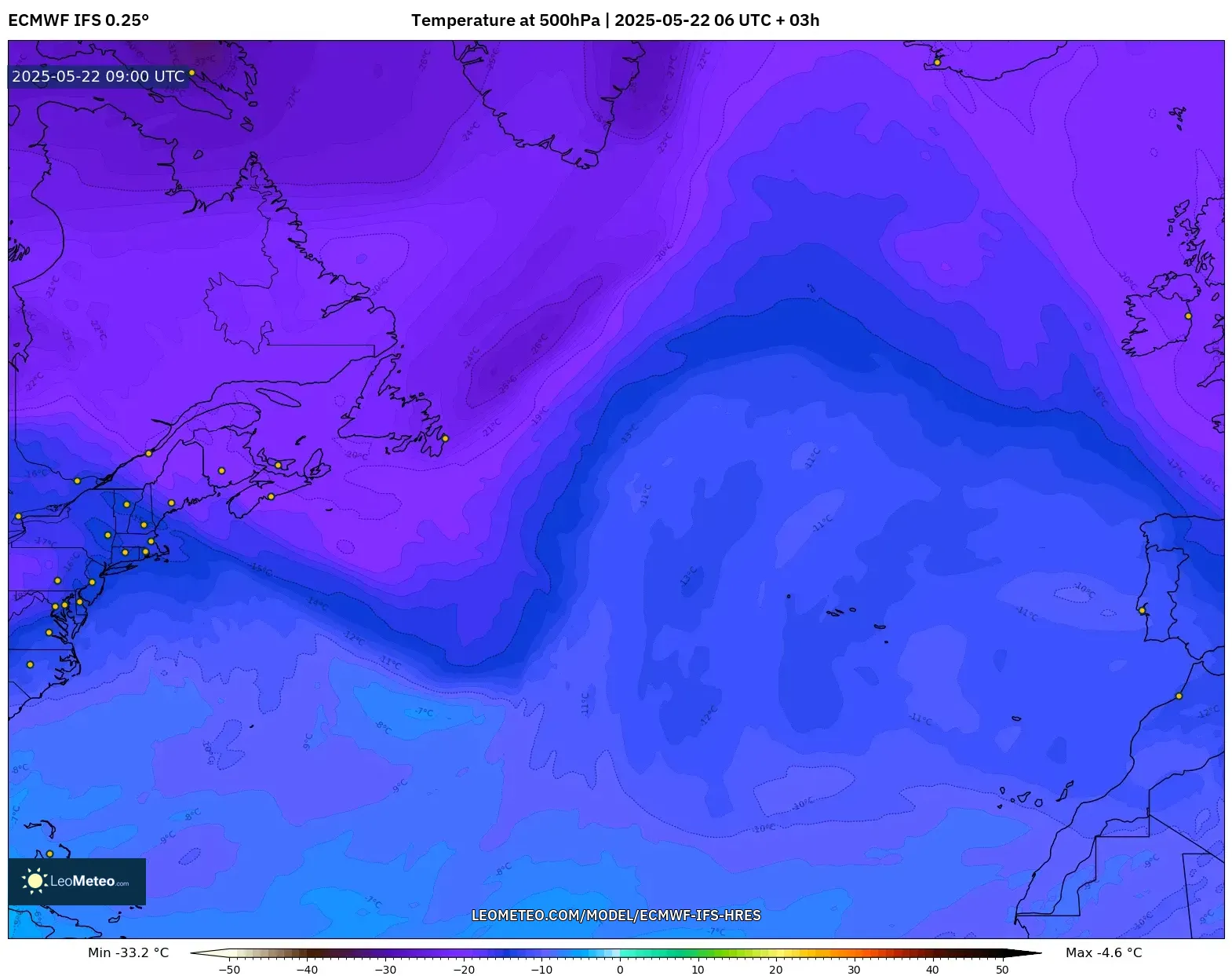 ECMWF IFS 0.25° model - North Atlantic, Temperature at 500hPa ECMWF IFS 0.25° model - North Atlantic, Temperature at 500hPa