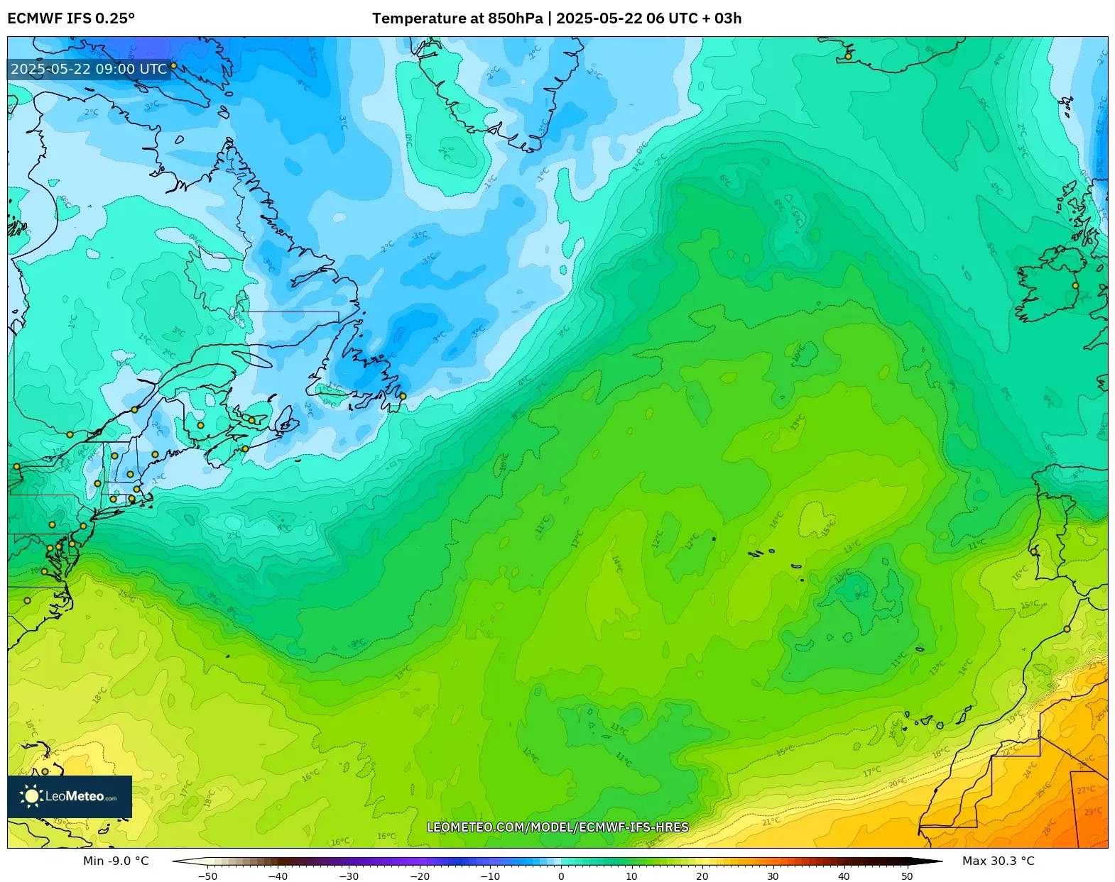 ECMWF IFS 0.25° model - North Atlantic, Temperature at 850hPa ECMWF IFS 0.25° model - North Atlantic, Temperature at 850hPa