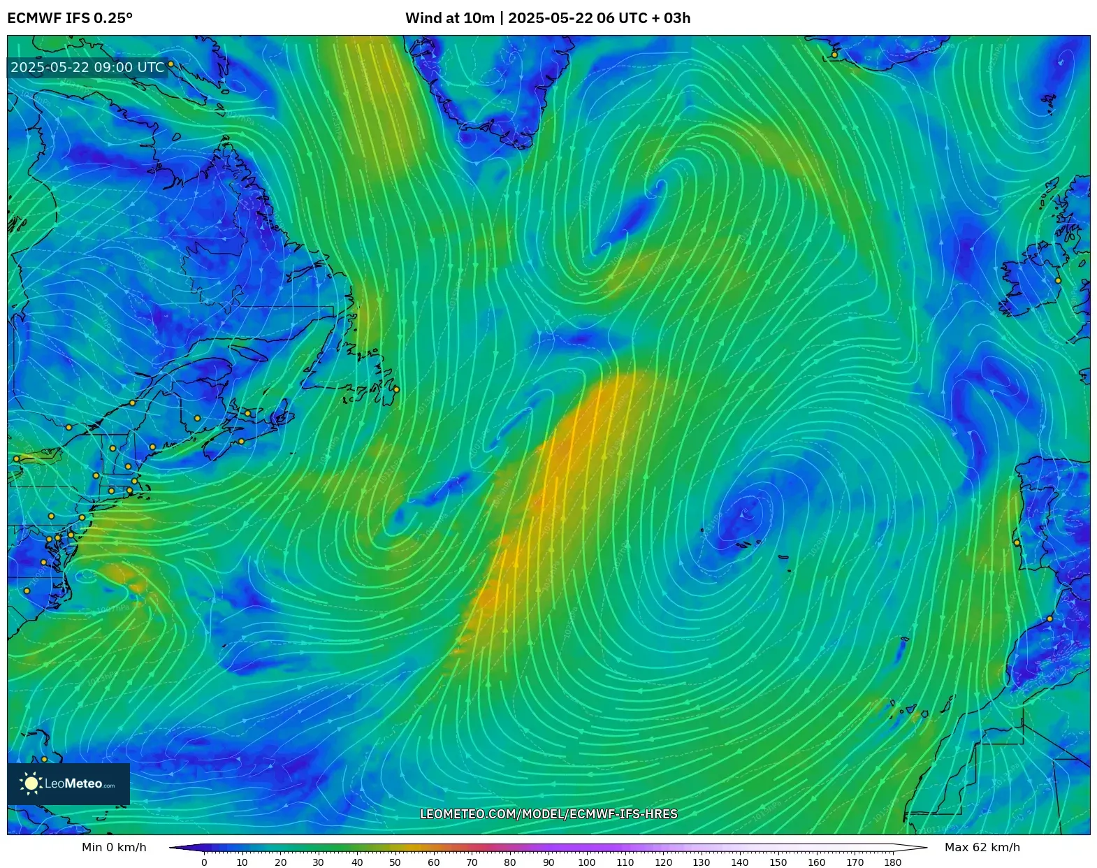 ECMWF IFS 0.25° model - North Atlantic, Wind at 10m ECMWF IFS 0.25° model - North Atlantic, Wind at 10m