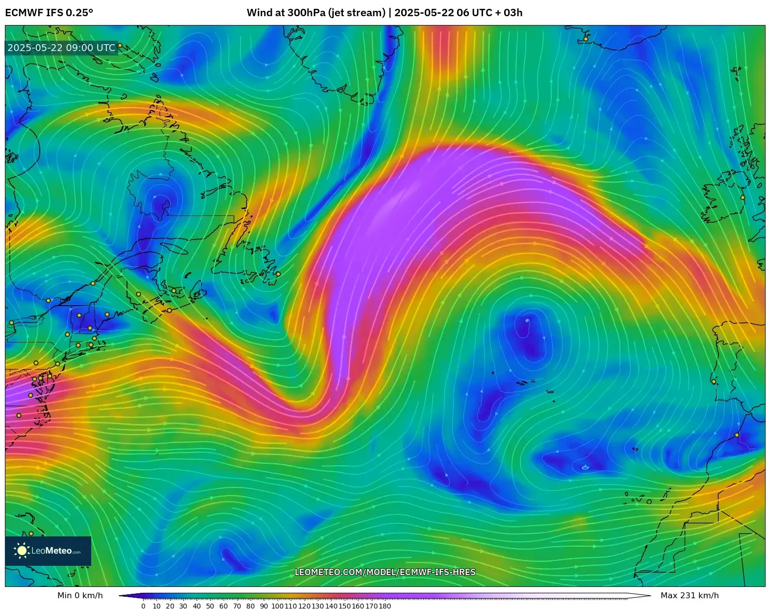 ECMWF IFS 0.25° model - North Atlantic, Wind at 300hPa (jet stream) ECMWF IFS 0.25° model - North Atlantic, Wind at 300hPa (jet stream)