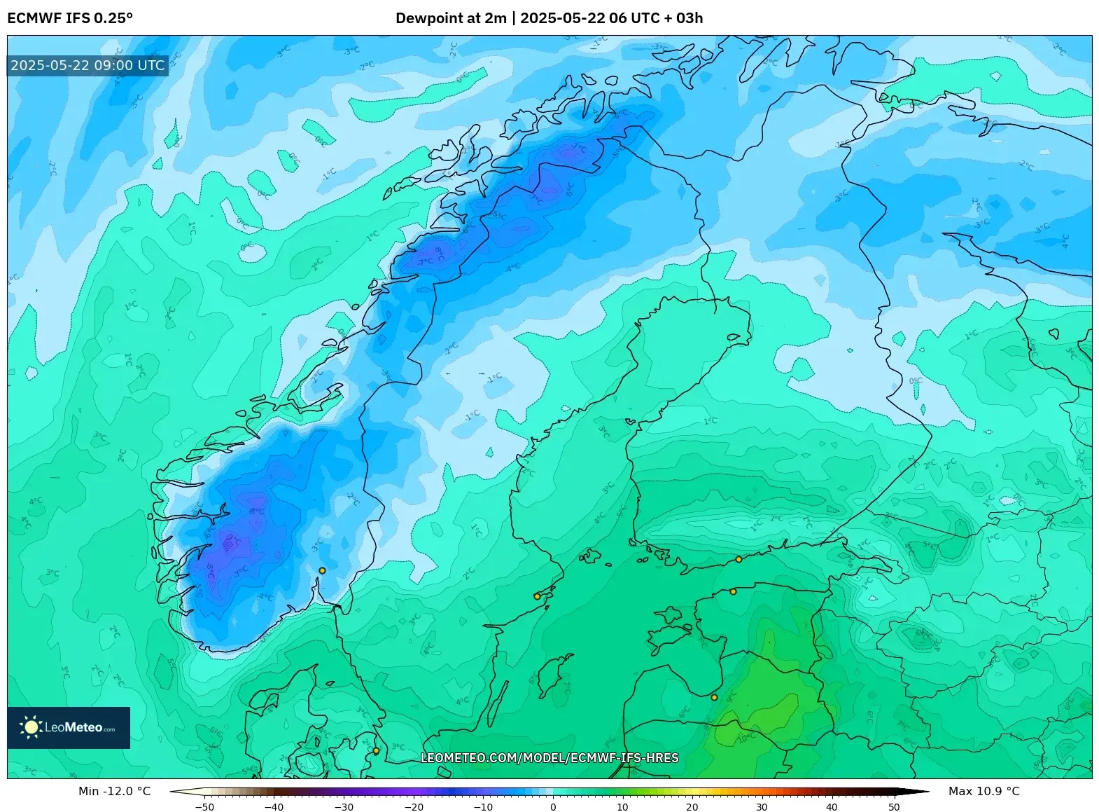 ECMWF IFS 0.25° model - Scandinavia, Dewpoint at 2m ECMWF IFS 0.25° model - Scandinavia, Dewpoint at 2m