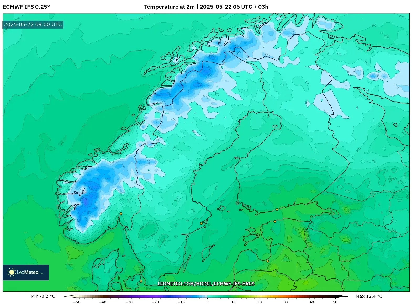 ECMWF IFS 0.25° model - Scandinavia, Temperature at 2m ECMWF IFS 0.25° model - Scandinavia, Temperature at 2m