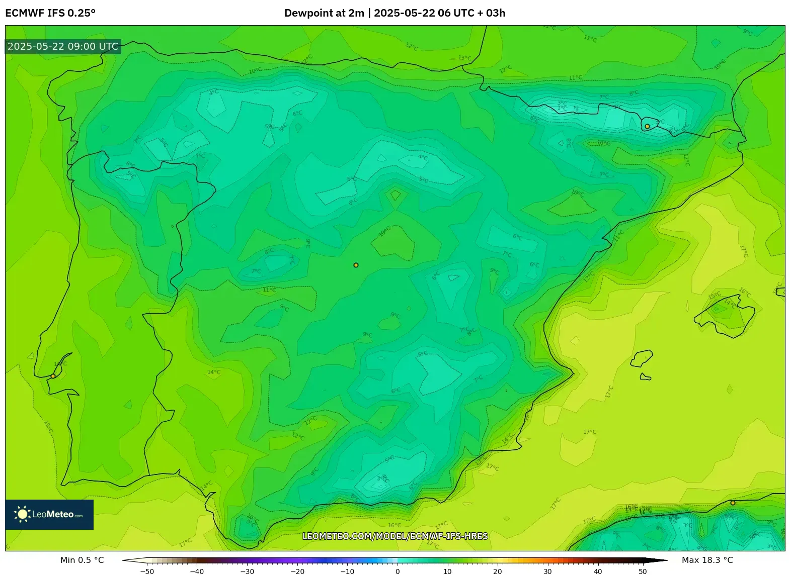 ECMWF IFS 0.25° model - Spain, Dewpoint at 2m ECMWF IFS 0.25° model - Spain, Dewpoint at 2m