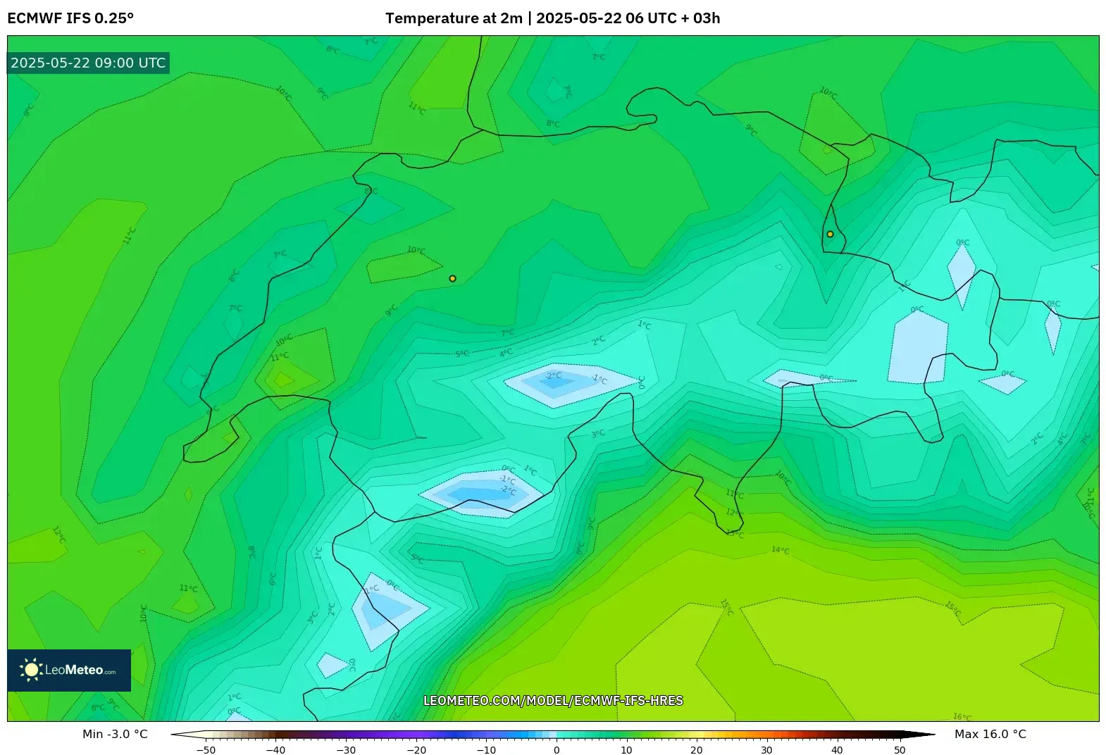 ECMWF IFS 0.25° model - Switzerland, Temperature at 2m ECMWF IFS 0.25° model - Switzerland, Temperature at 2m