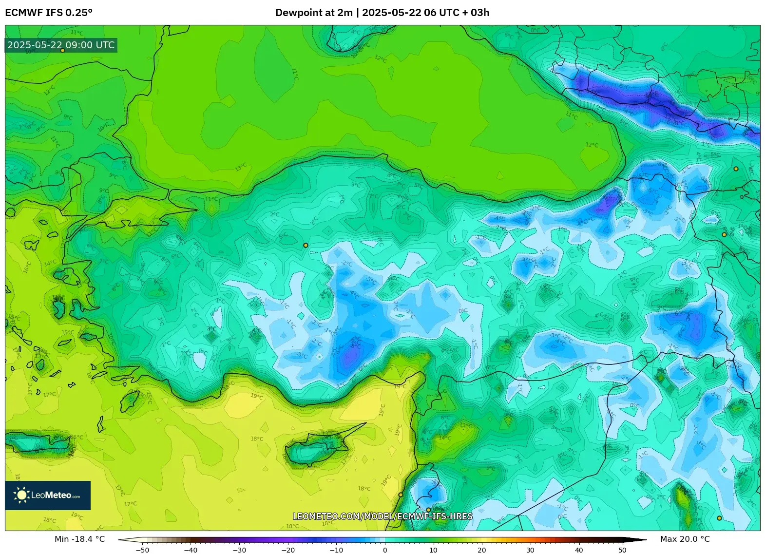 ECMWF IFS 0.25° model - Turkey, Dewpoint at 2m ECMWF IFS 0.25° model - Turkey, Dewpoint at 2m