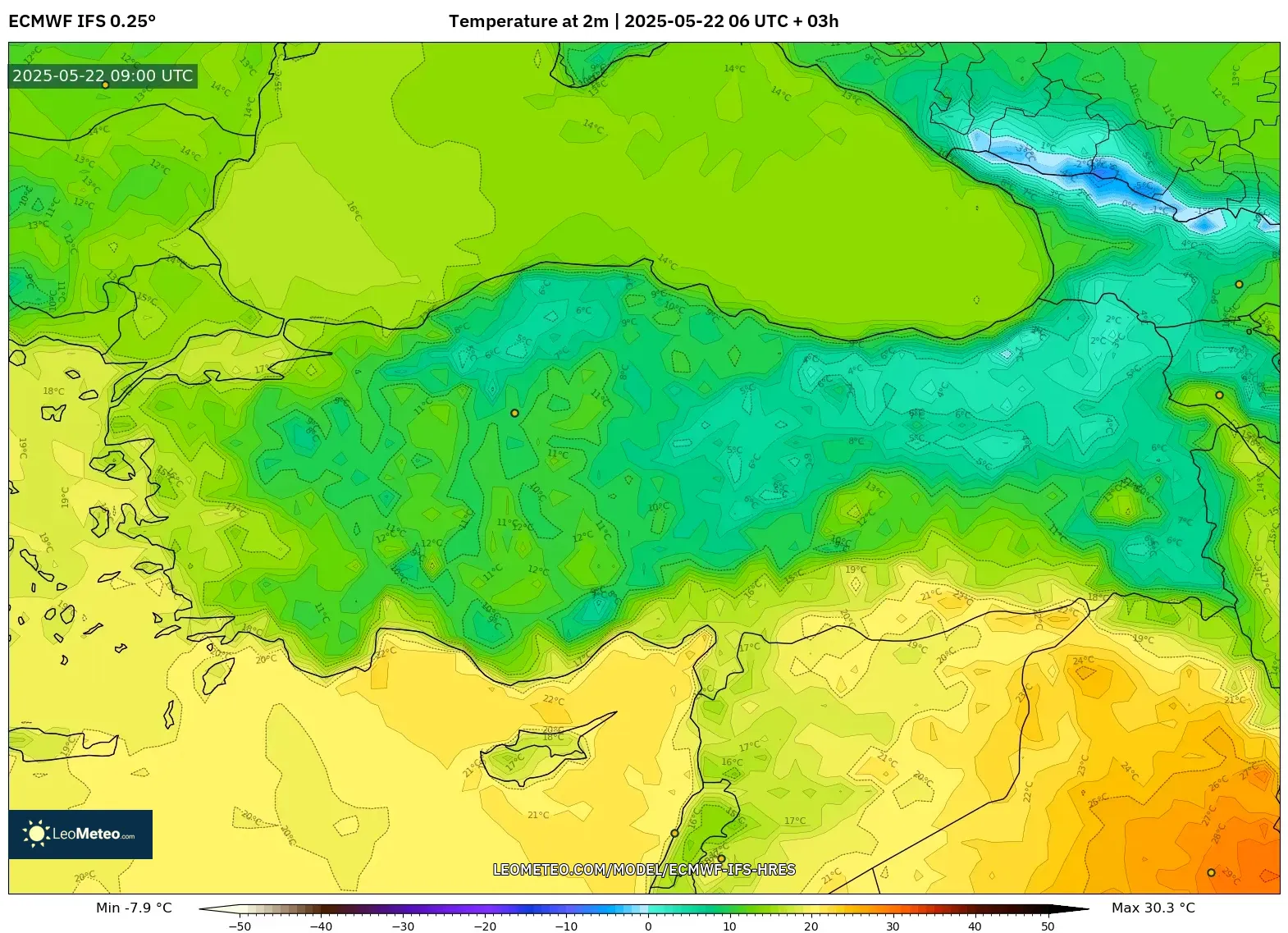 ECMWF IFS 0.25° model - Turkey, Temperature at 2m ECMWF IFS 0.25° model - Turkey, Temperature at 2m