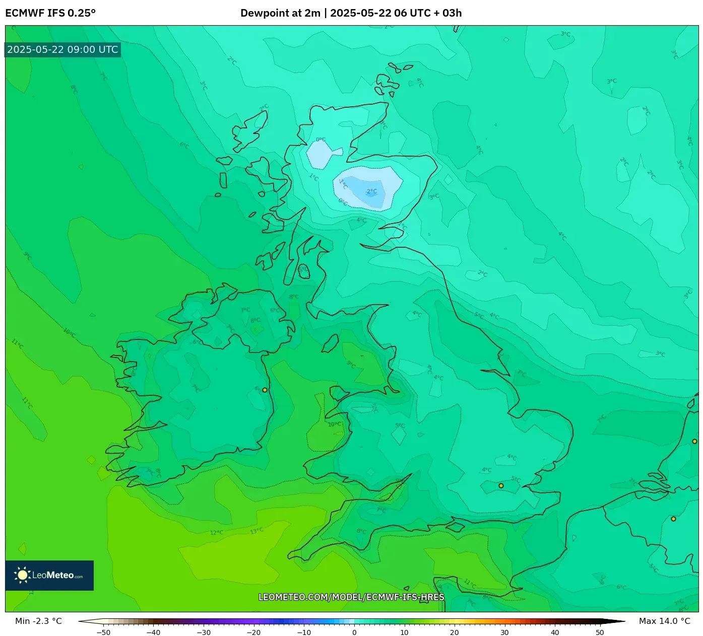ECMWF IFS 0.25° model - United Kingdom, Dewpoint at 2m ECMWF IFS 0.25° model - United Kingdom, Dewpoint at 2m
