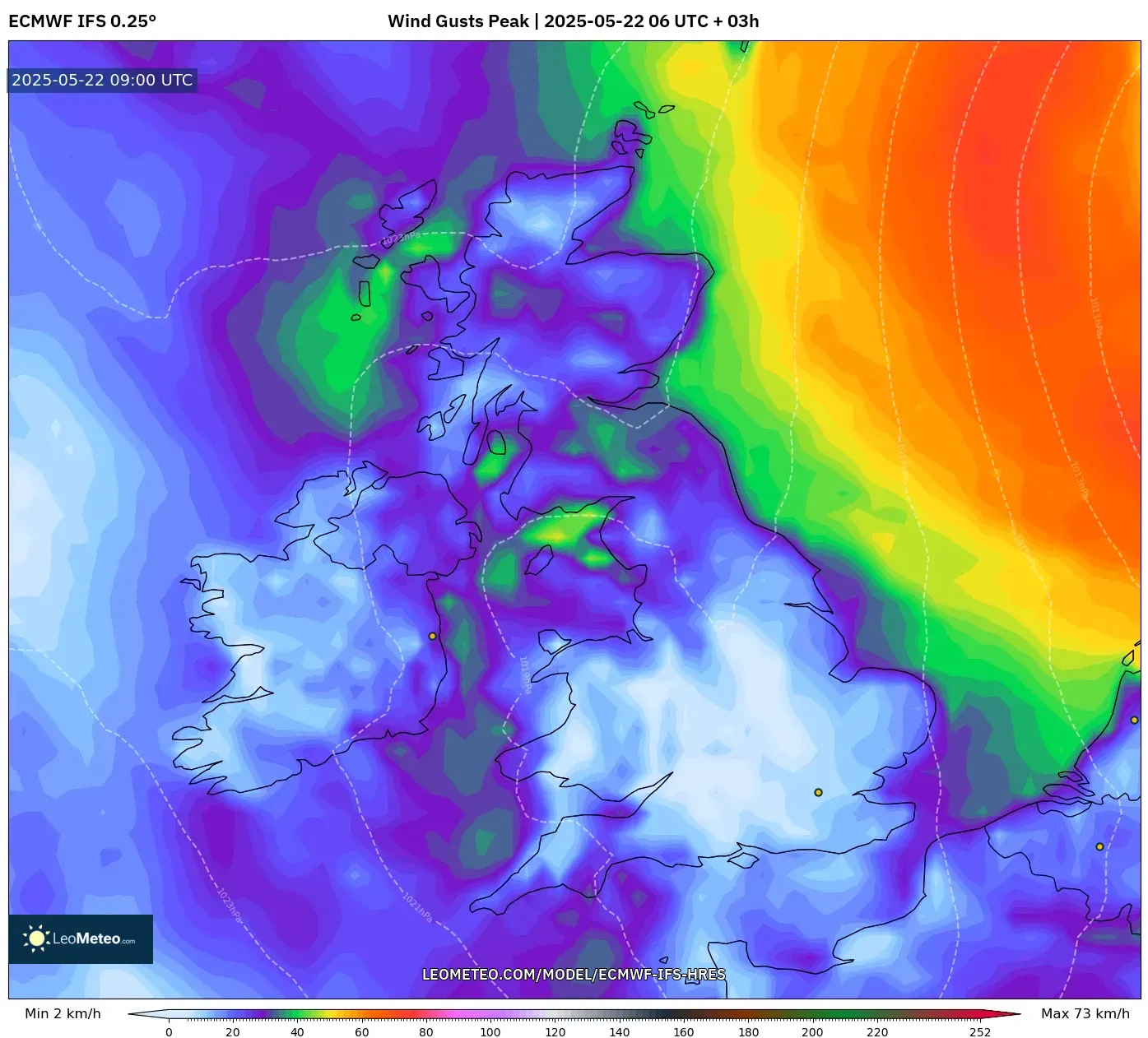 ECMWF IFS 0.25° model - United Kingdom, Wind Gusts Peak ECMWF IFS 0.25° model - United Kingdom, Wind Gusts Peak