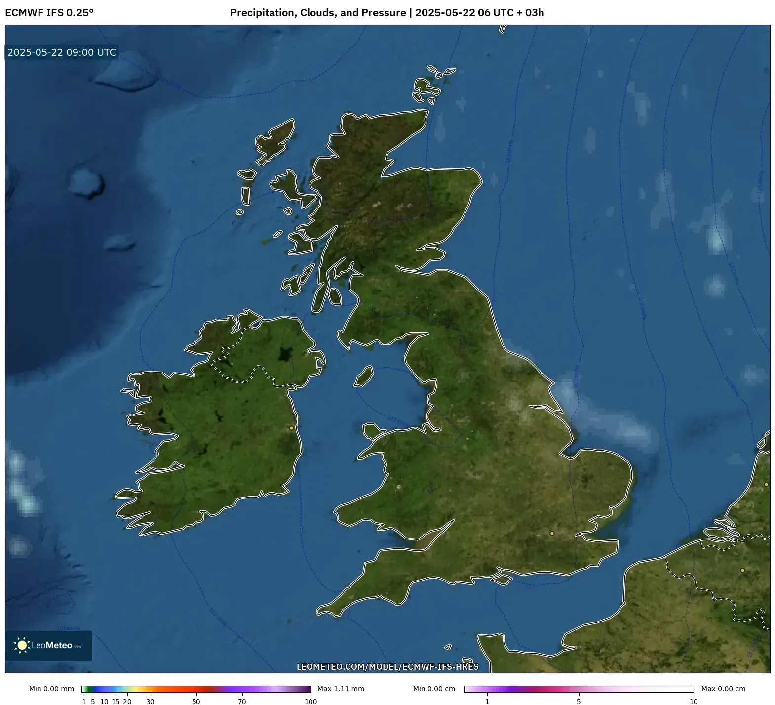 ECMWF IFS 0.25° model - United Kingdom, Precipitation, Clouds, and Pressure ECMWF IFS 0.25° model - United Kingdom, Precipitation, Clouds, and Pressure