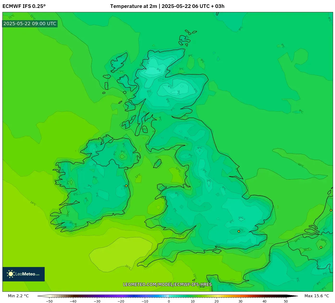 ECMWF IFS 0.25° model - United Kingdom, Temperature at 2m ECMWF IFS 0.25° model - United Kingdom, Temperature at 2m