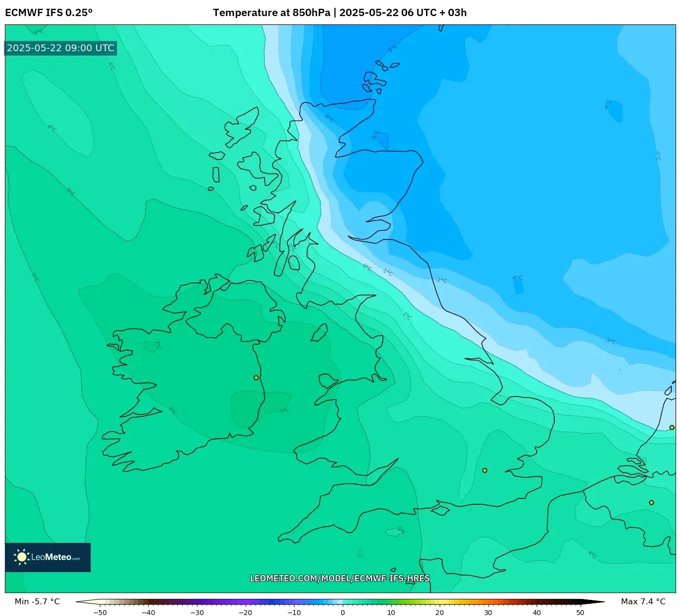 ECMWF IFS 0.25° model - United Kingdom, Temperature at 850hPa ECMWF IFS 0.25° model - United Kingdom, Temperature at 850hPa