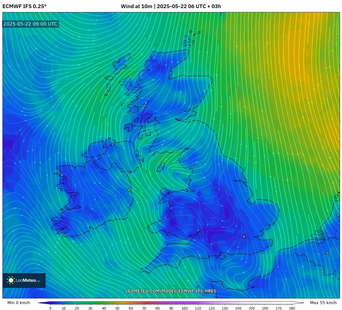 ECMWF IFS 0.25° model - United Kingdom, Wind at 10m ECMWF IFS 0.25° model - United Kingdom, Wind at 10m