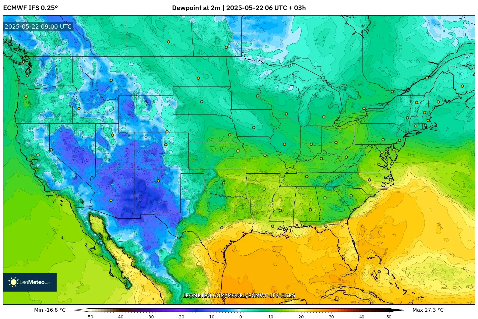 ECMWF IFS 0.25° model - United States, Dewpoint at 2m ECMWF IFS 0.25° model - United States, Dewpoint at 2m